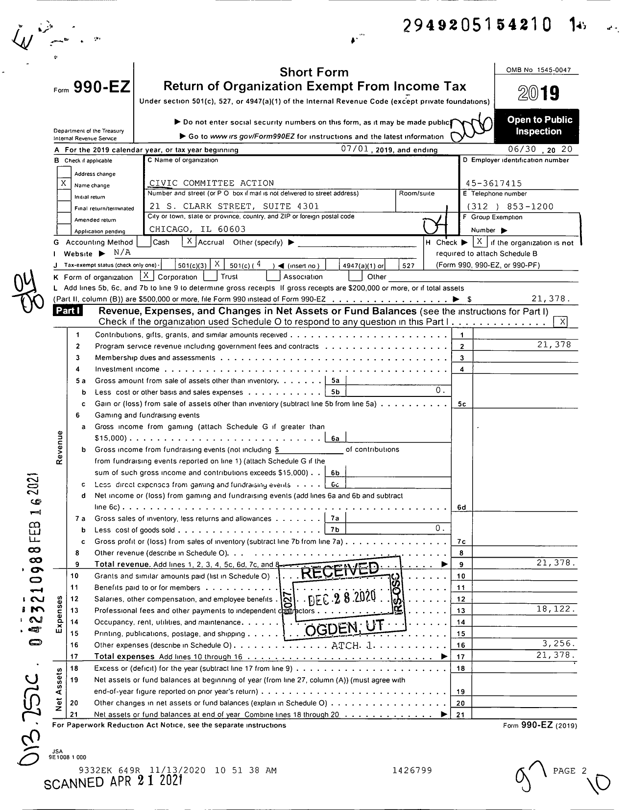 Image of first page of 2019 Form 990EO for Civic Committee Action