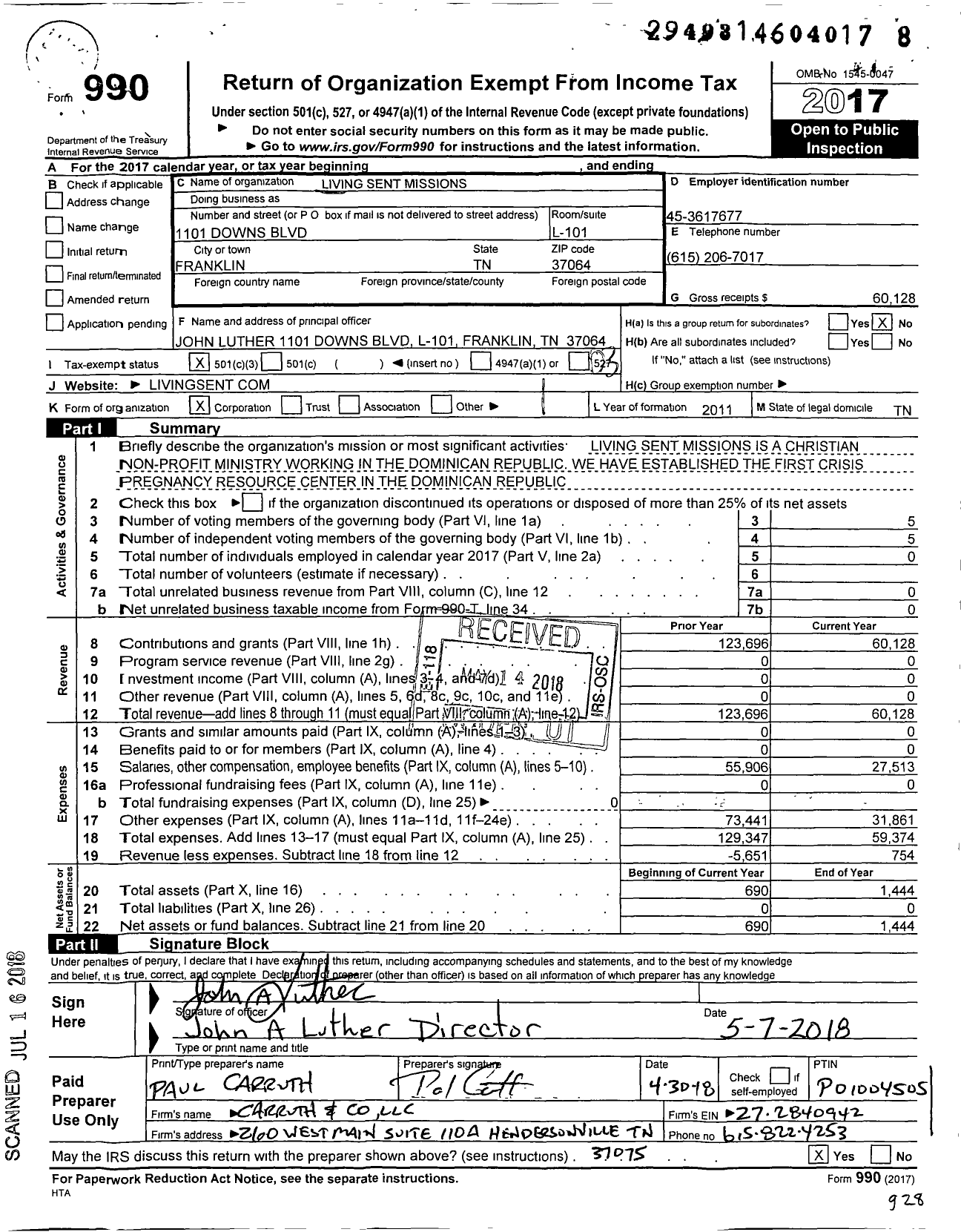 Image of first page of 2017 Form 990 for Living Sent Missions