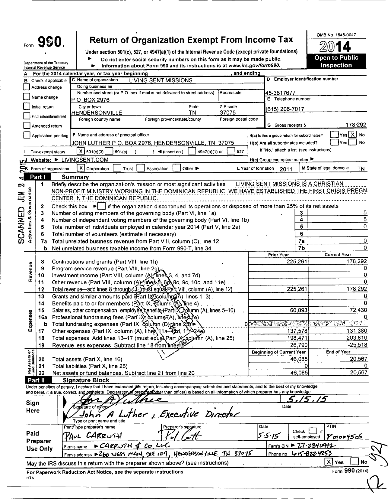 Image of first page of 2014 Form 990 for Living Sent Missions