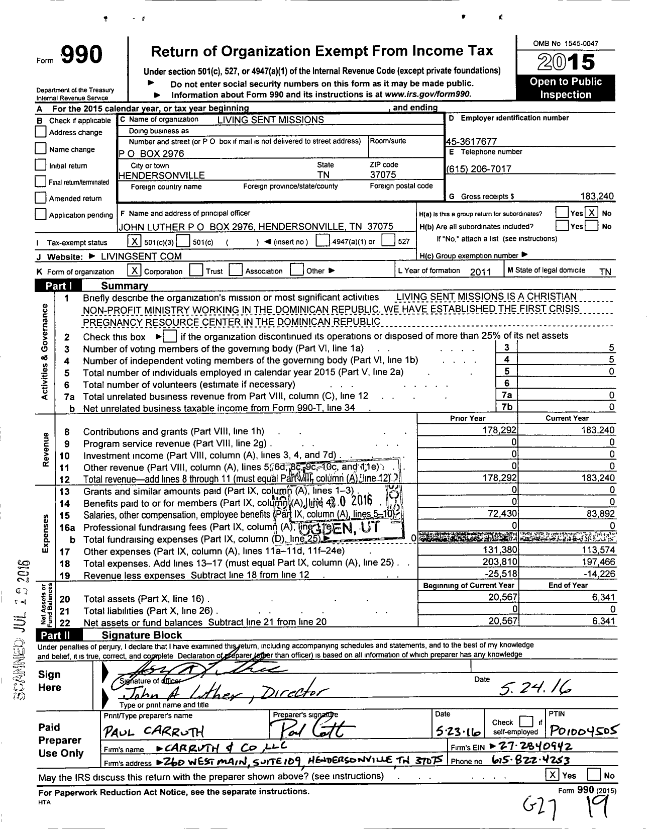 Image of first page of 2015 Form 990 for Living Sent Missions