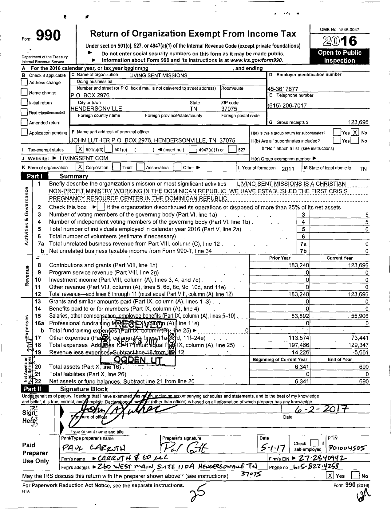 Image of first page of 2016 Form 990 for Living Sent Missions