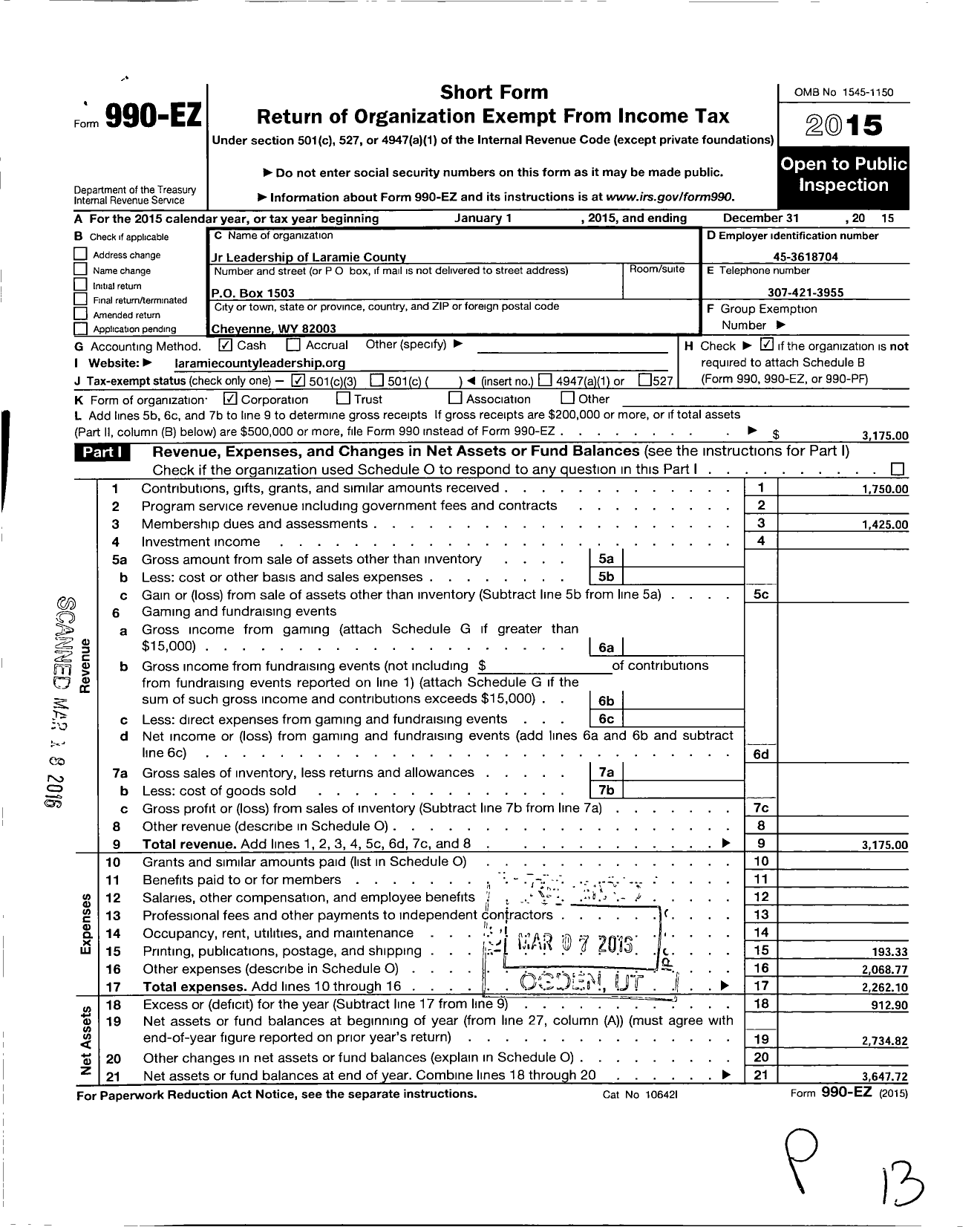 Image of first page of 2015 Form 990EZ for JR Leadership of Laramie County