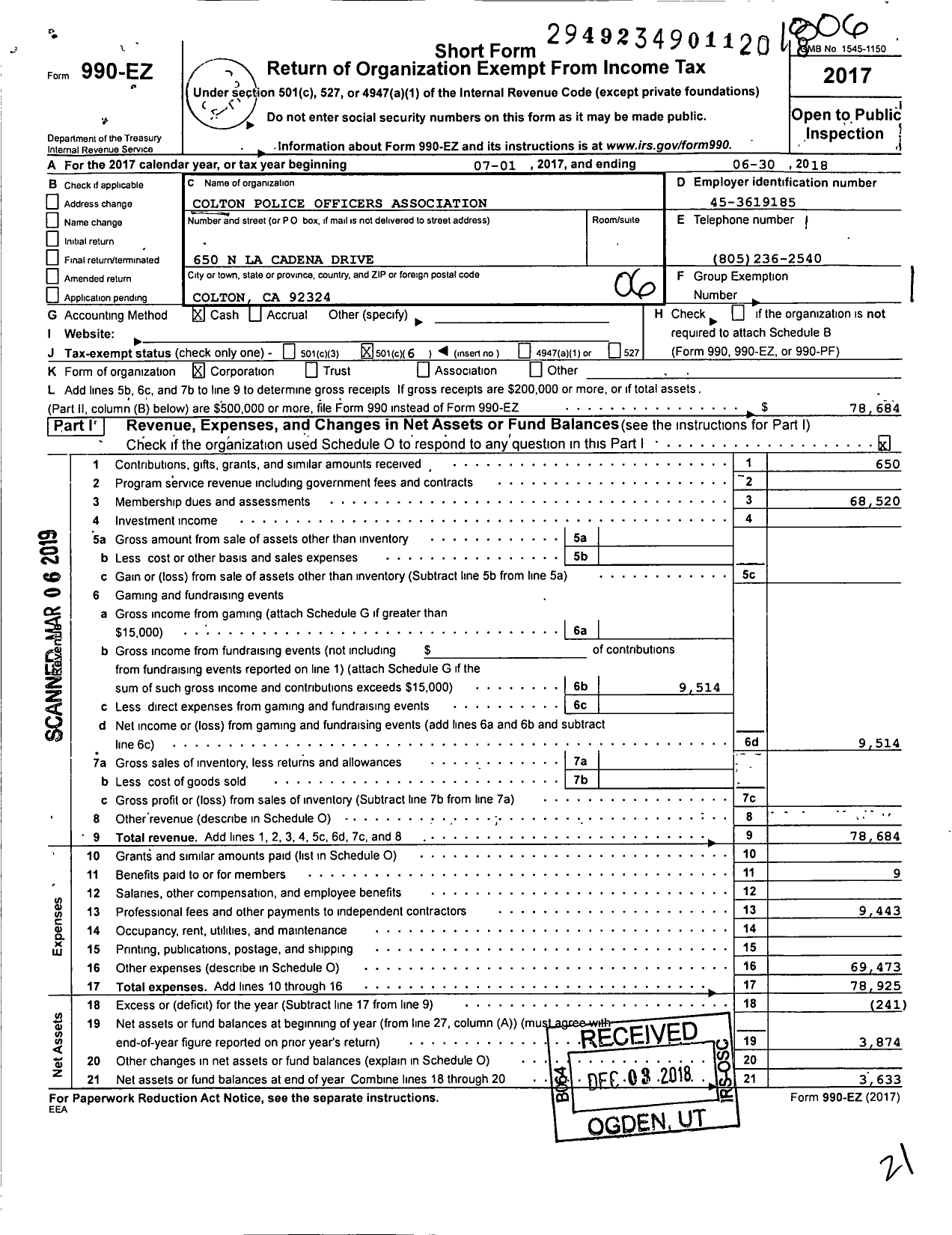 Image of first page of 2017 Form 990EO for Colton Police Officers Association