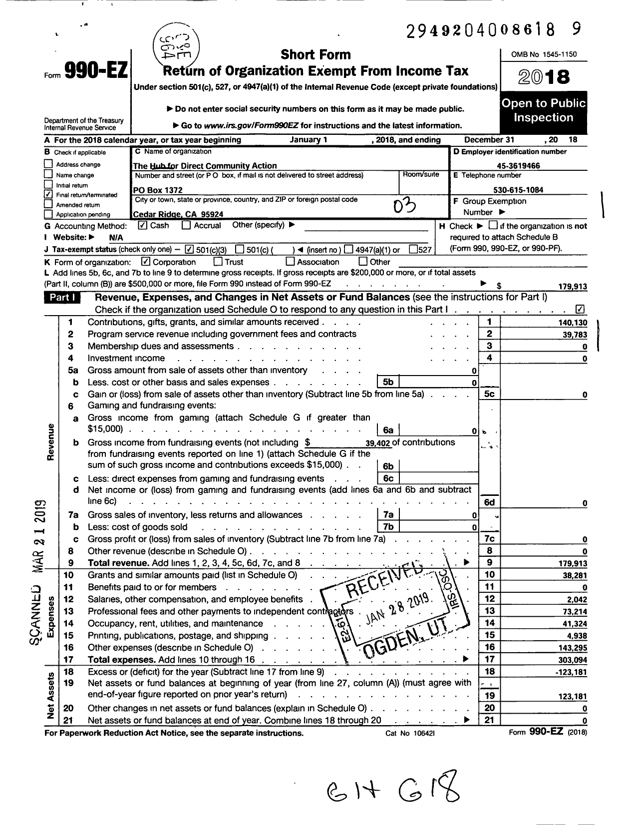 Image of first page of 2018 Form 990EZ for The Hub for Direct Community Action