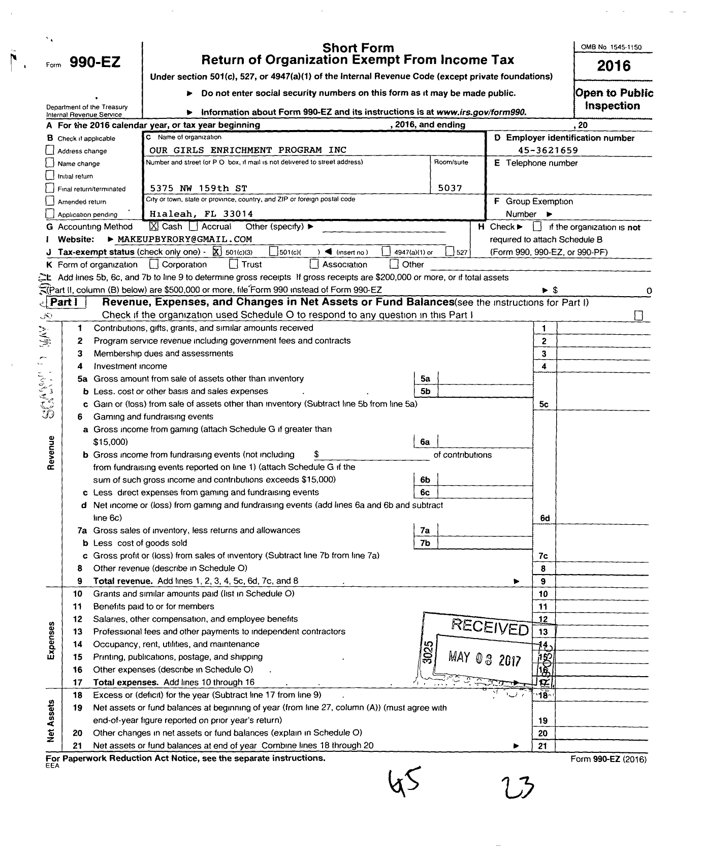 Image of first page of 2016 Form 990EZ for Our Girls Enrichment Program