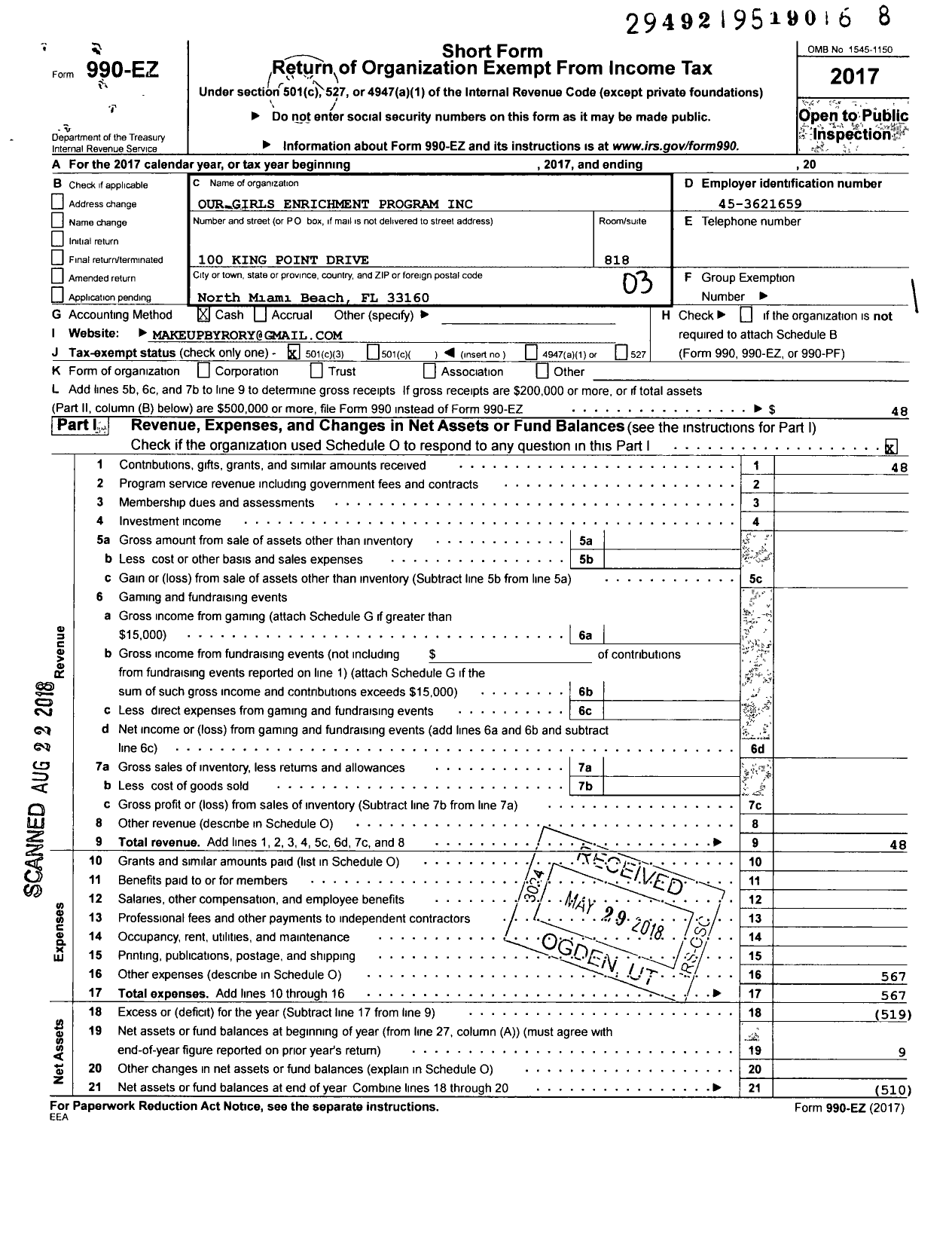 Image of first page of 2017 Form 990EZ for Our Girls Enrichment Program