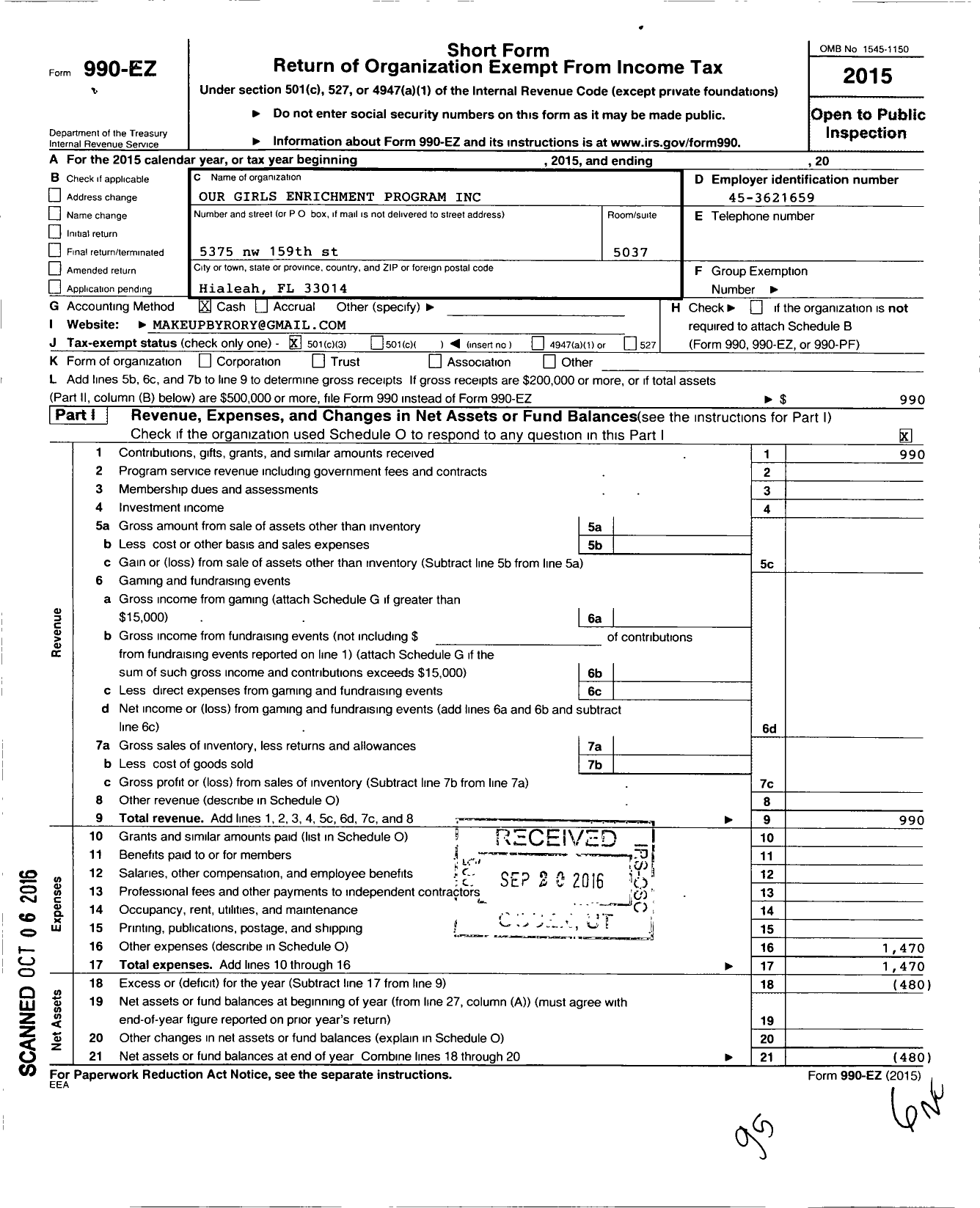 Image of first page of 2015 Form 990EZ for Our Girls Enrichment Program