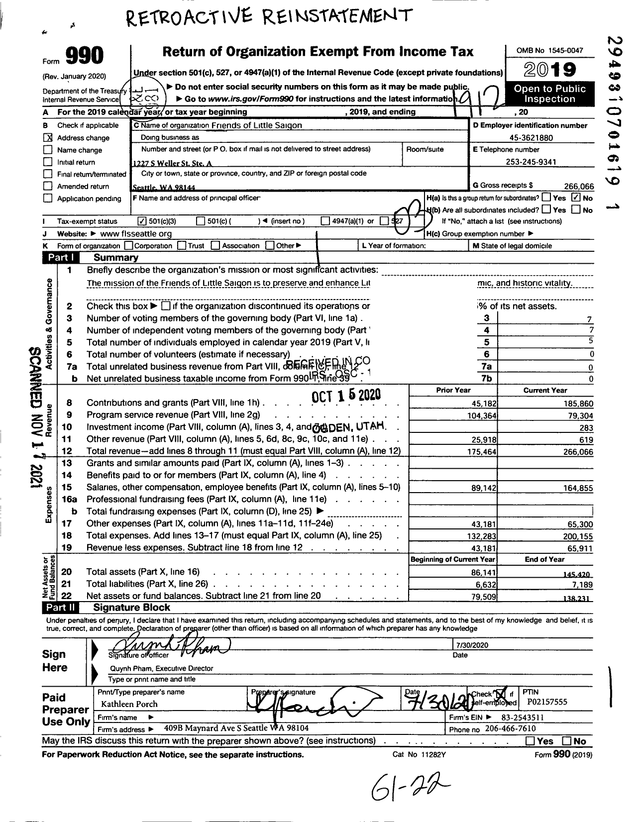 Image of first page of 2019 Form 990 for Friends of Little Saigon