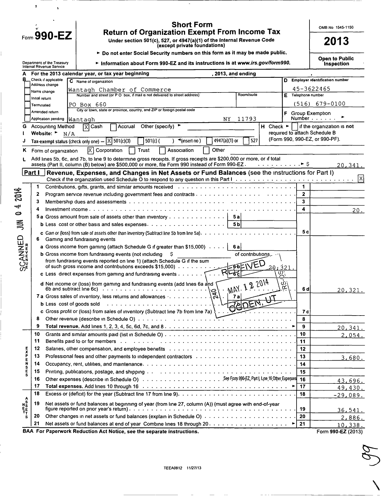 Image of first page of 2013 Form 990EZ for Wantagh Chamber of Commerce Charitable Community Foundation