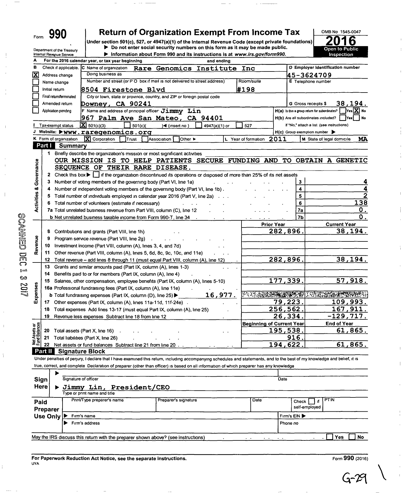 Image of first page of 2016 Form 990 for Rare Genomics Institute