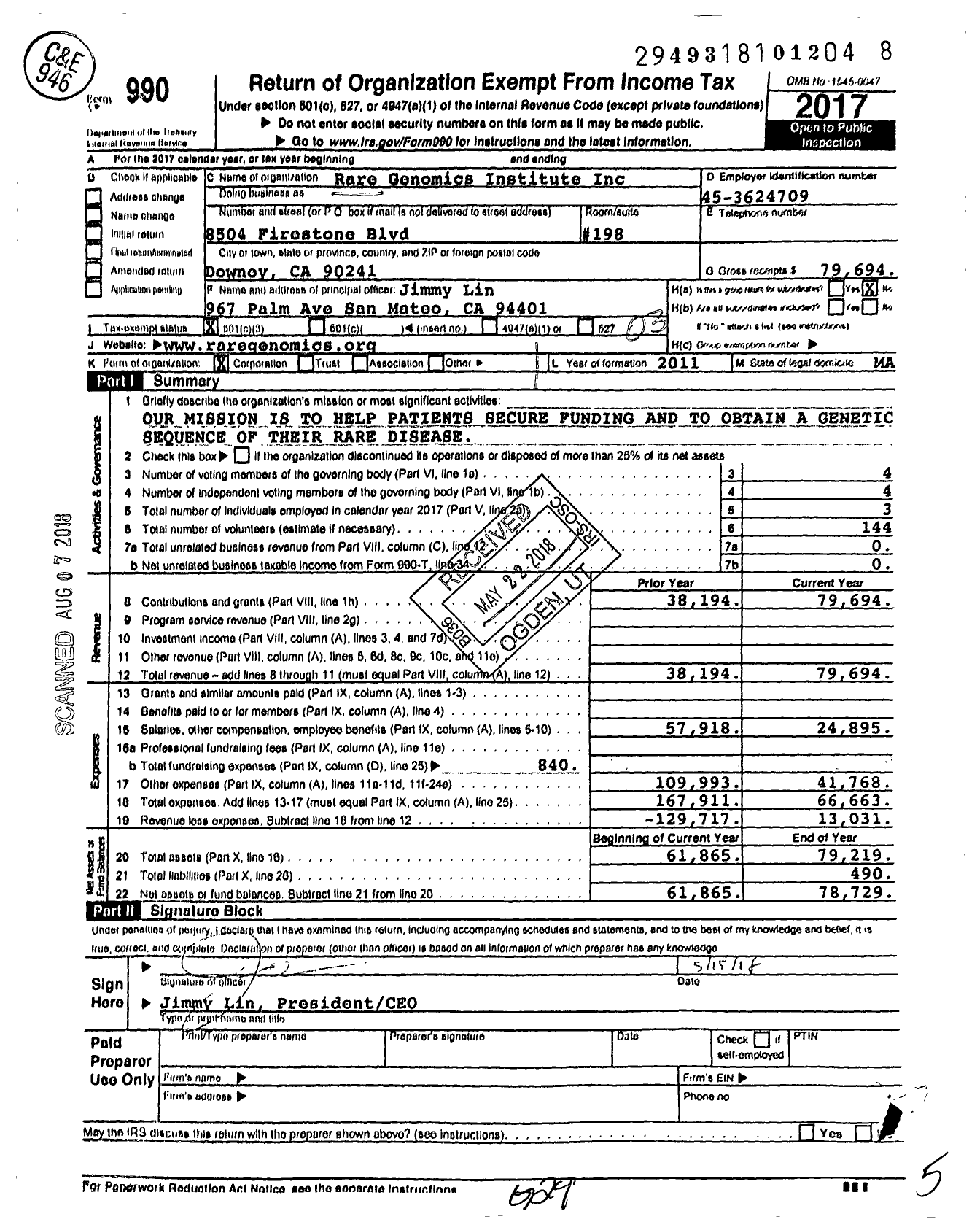 Image of first page of 2017 Form 990 for Rare Genomics Institute