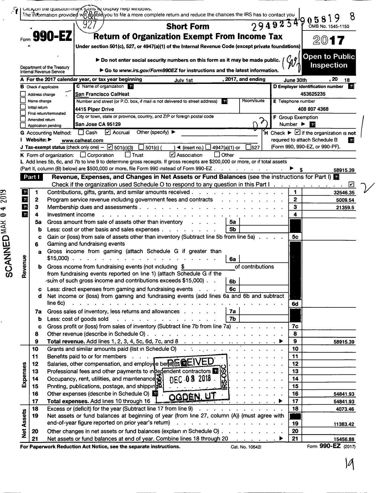 Image of first page of 2017 Form 990EZ for San Francisco Calheat