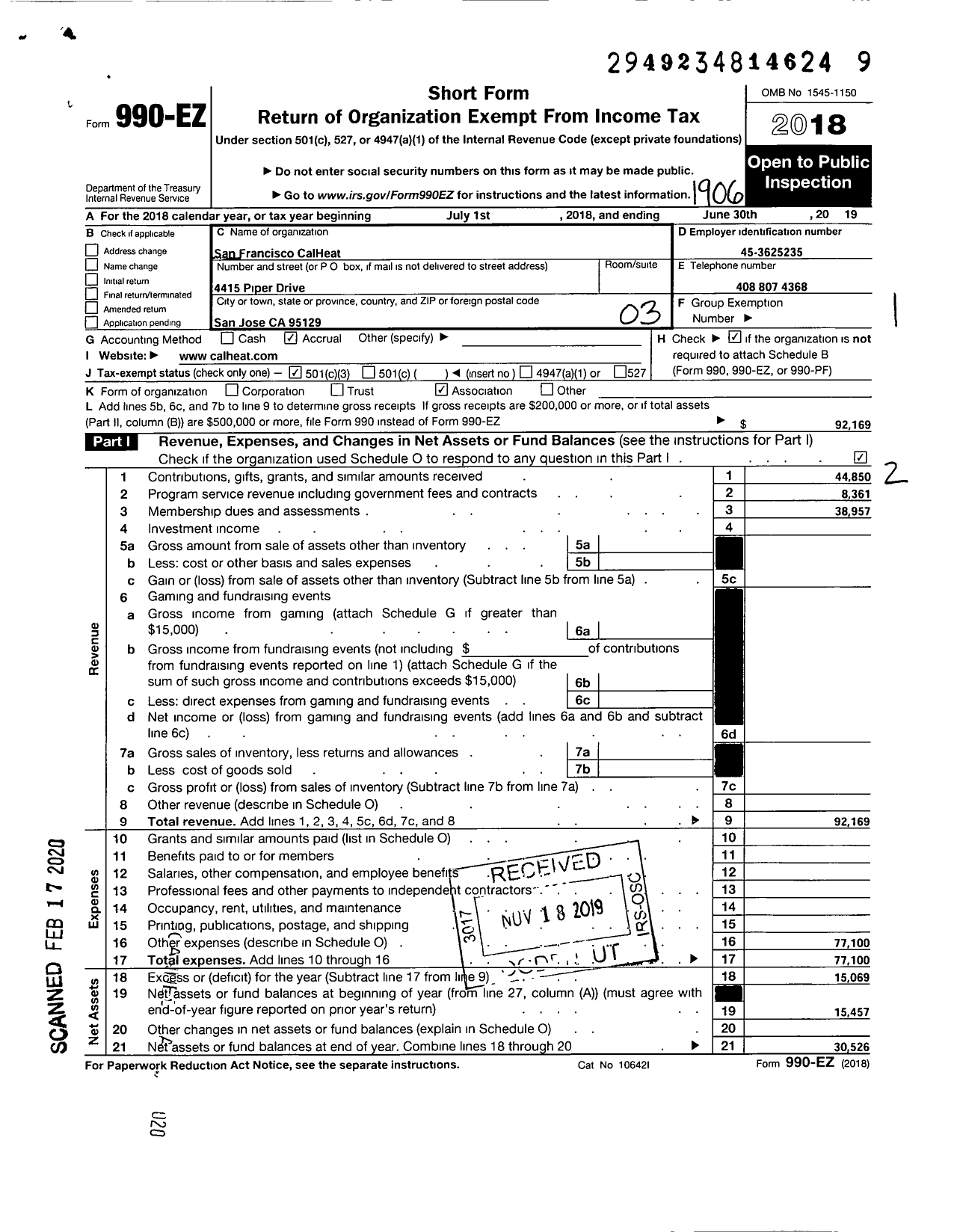 Image of first page of 2018 Form 990EZ for San Francisco Calheat