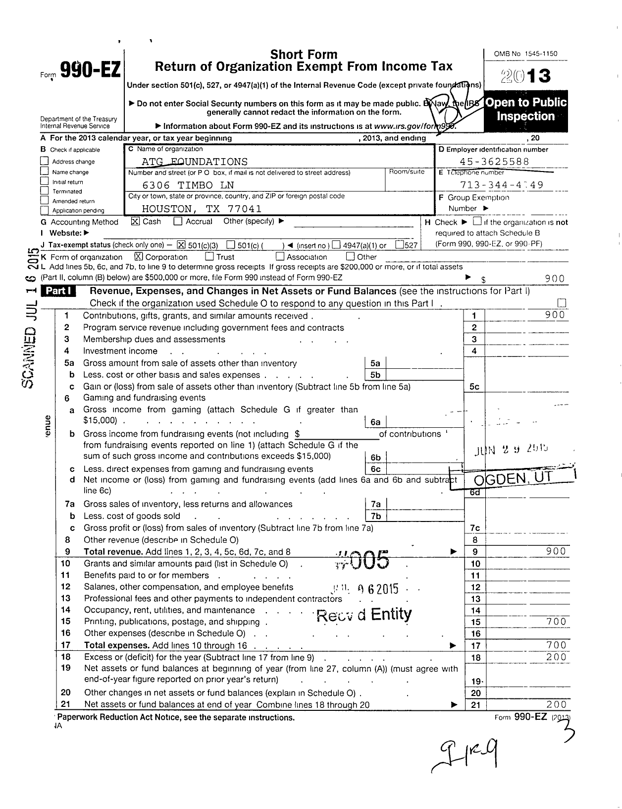 Image of first page of 2013 Form 990EZ for Atg Foundations