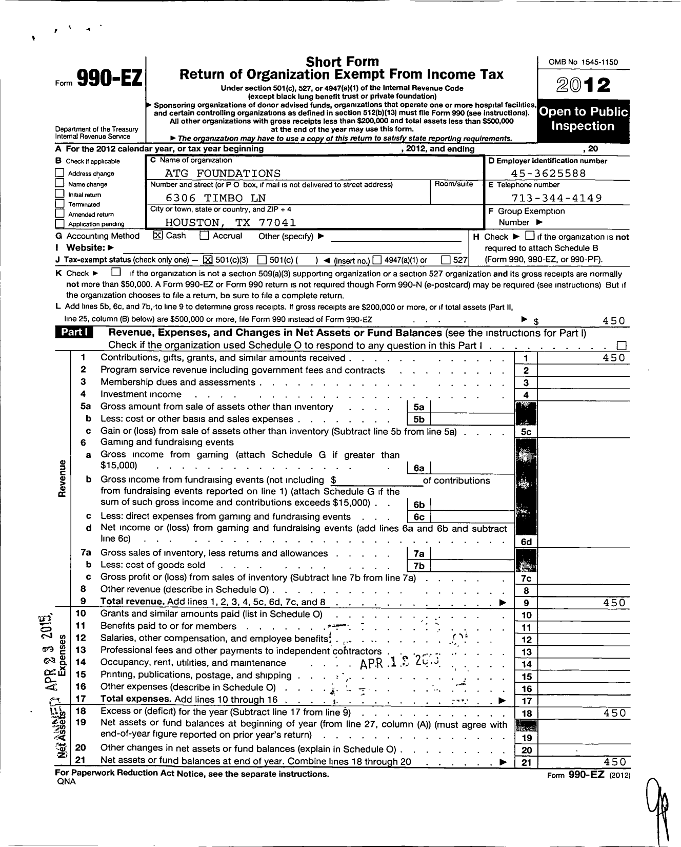 Image of first page of 2012 Form 990EZ for Atg Foundations