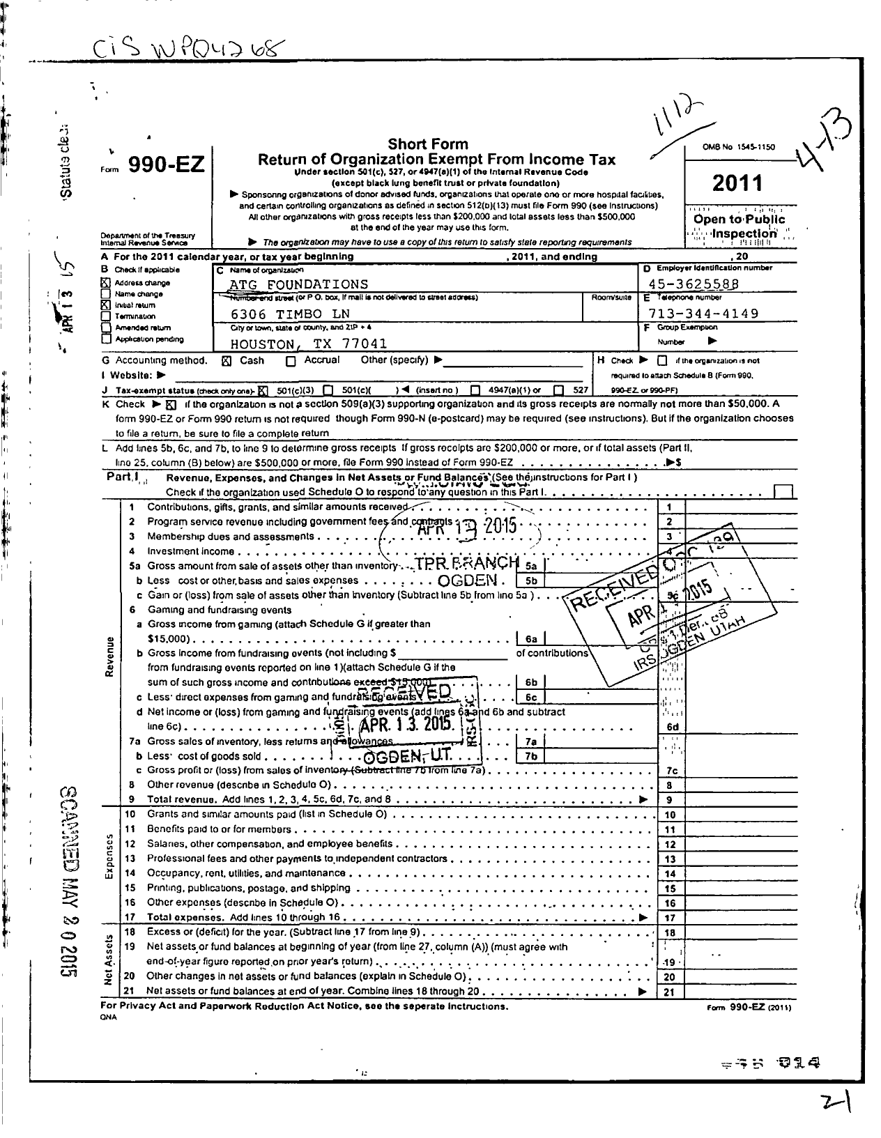 Image of first page of 2011 Form 990EZ for Atg Foundations