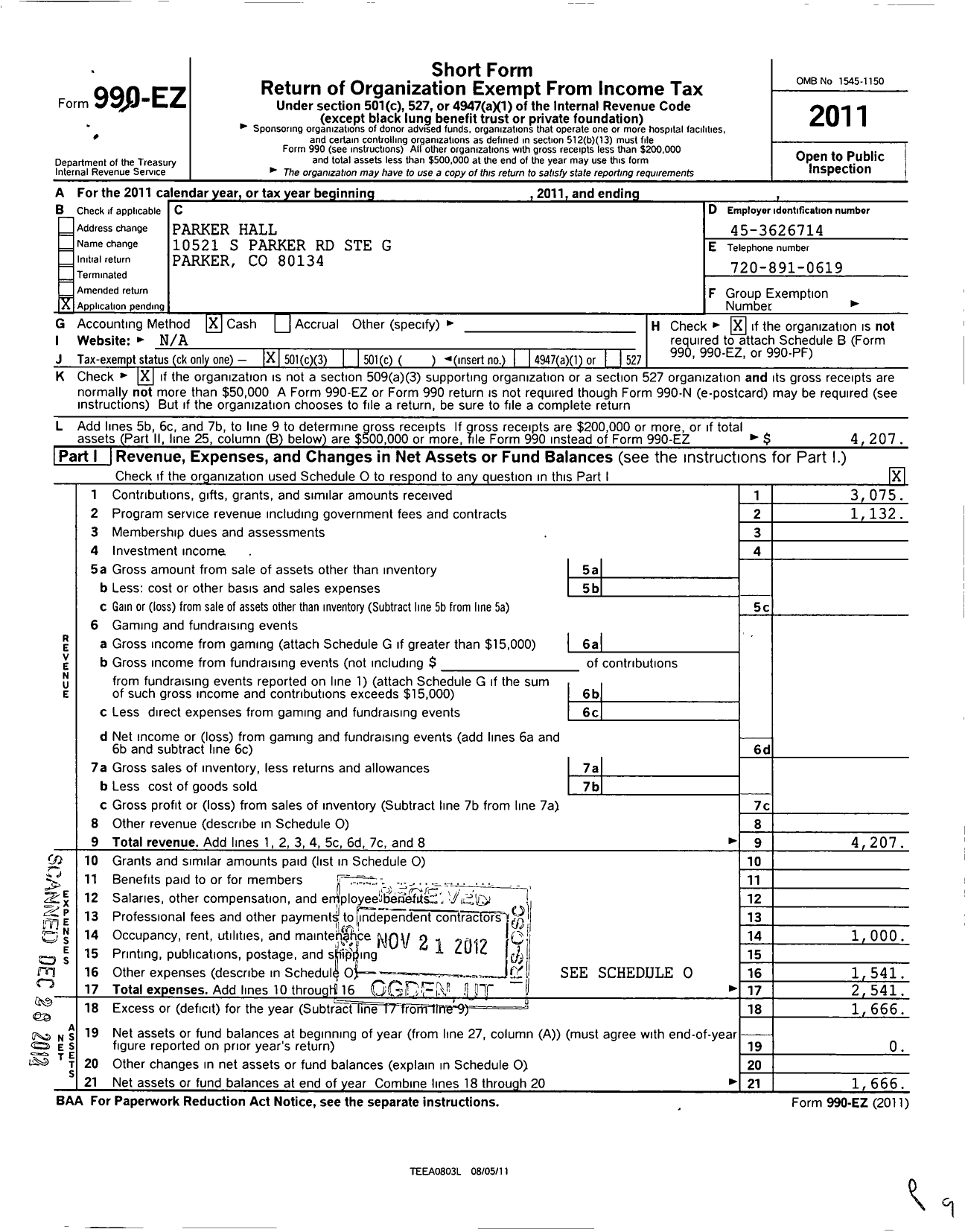 Image of first page of 2011 Form 990EZ for Parker Hall