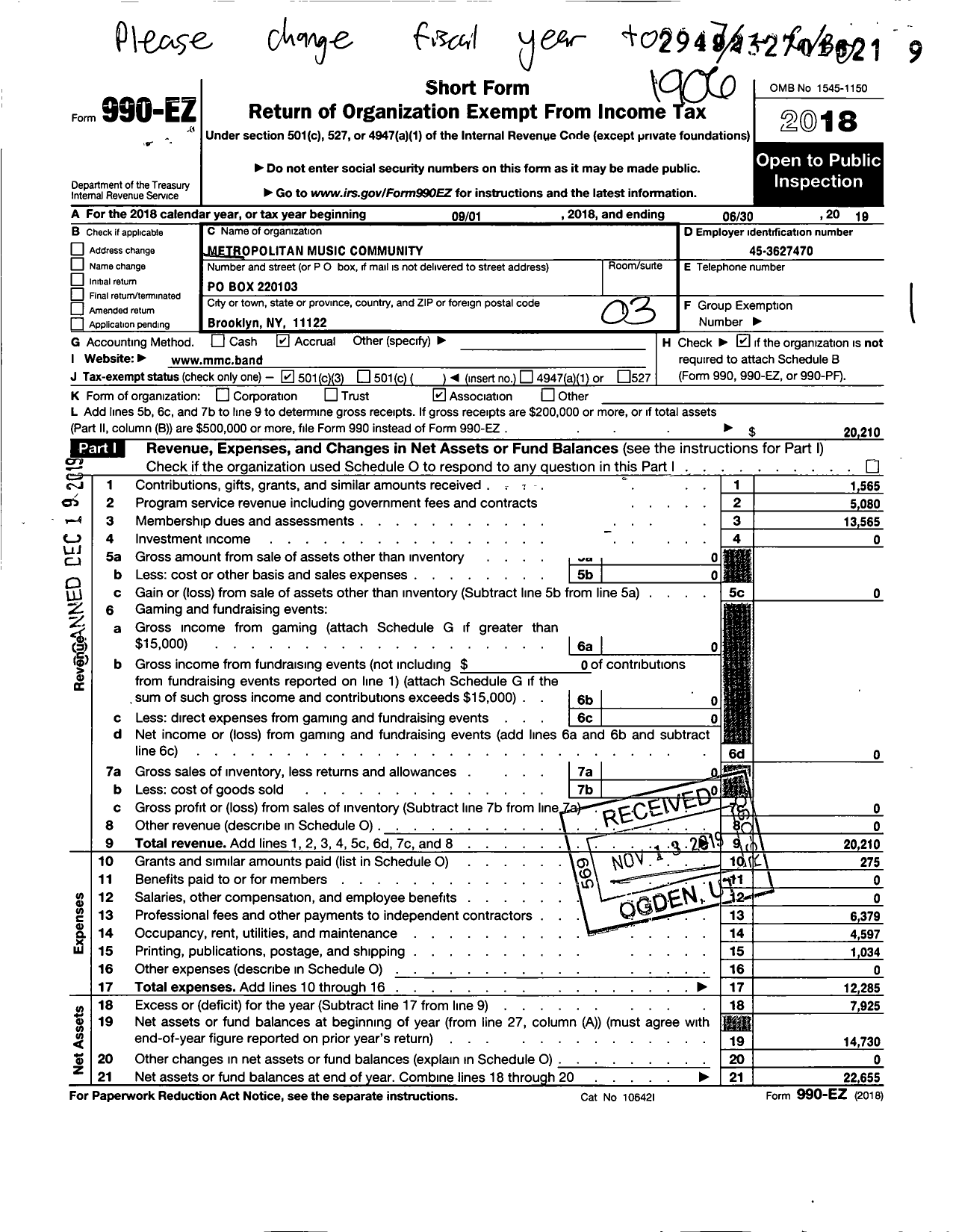 Image of first page of 2018 Form 990EZ for Metropolitan Music Community