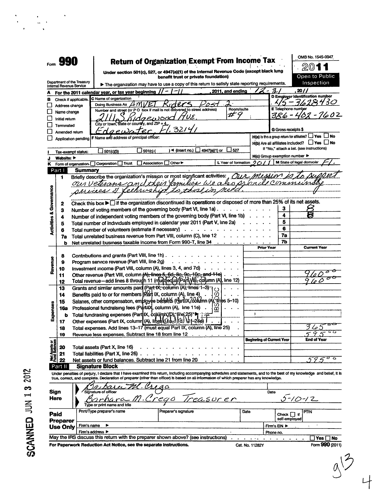 Image of first page of 2011 Form 990O for Amvets - FL 2