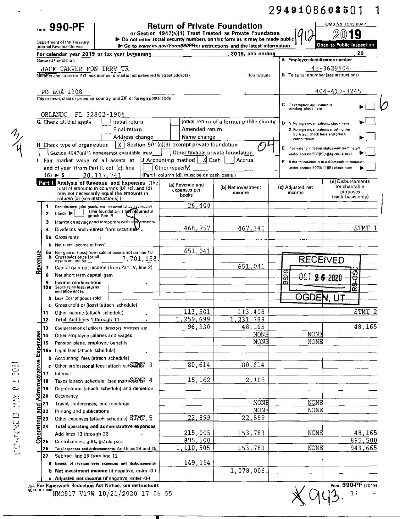 Image of first page of 2019 Form 990PF for Jack Tarver Foundation Irrv Trust