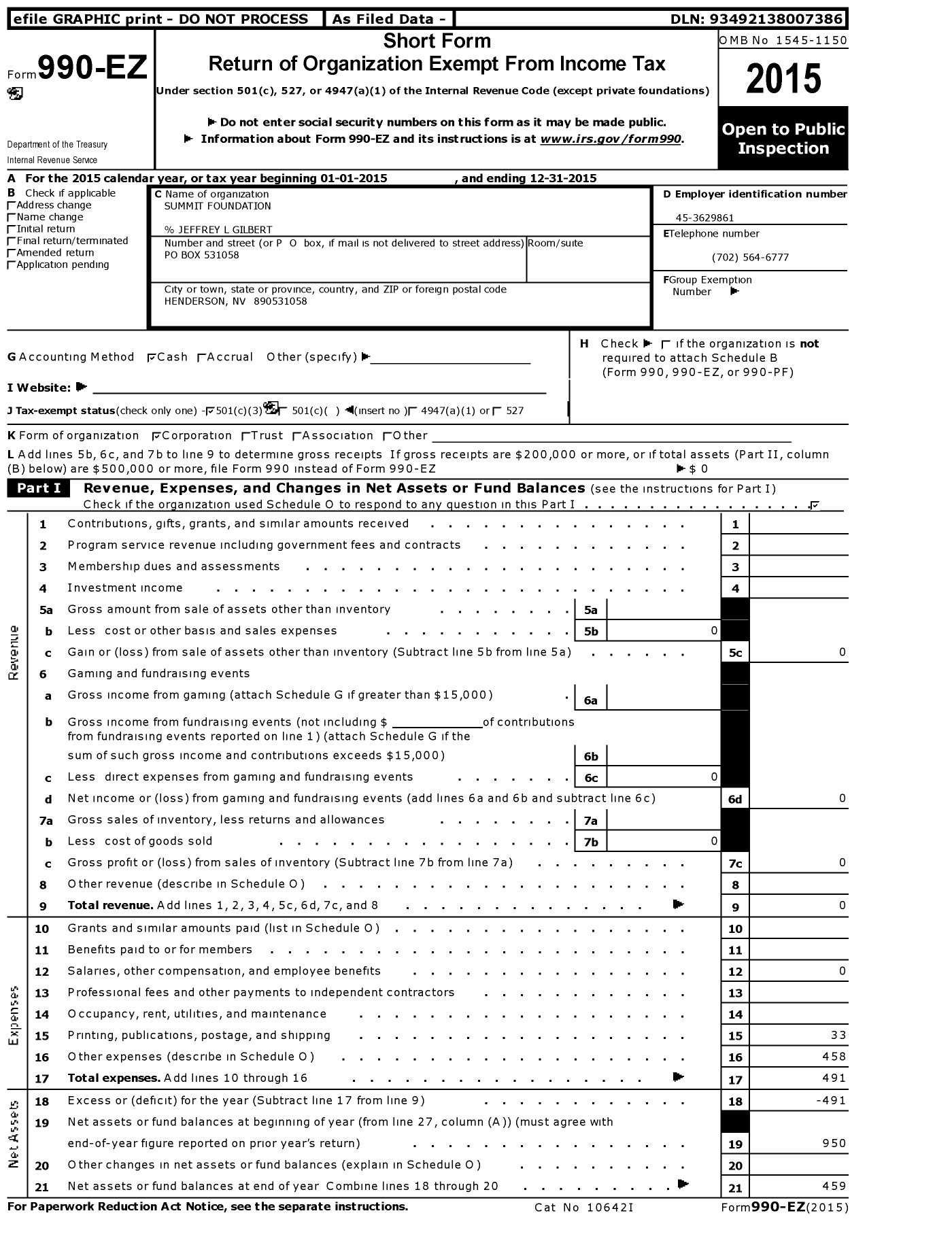 Image of first page of 2015 Form 990EZ for Summit Foundation