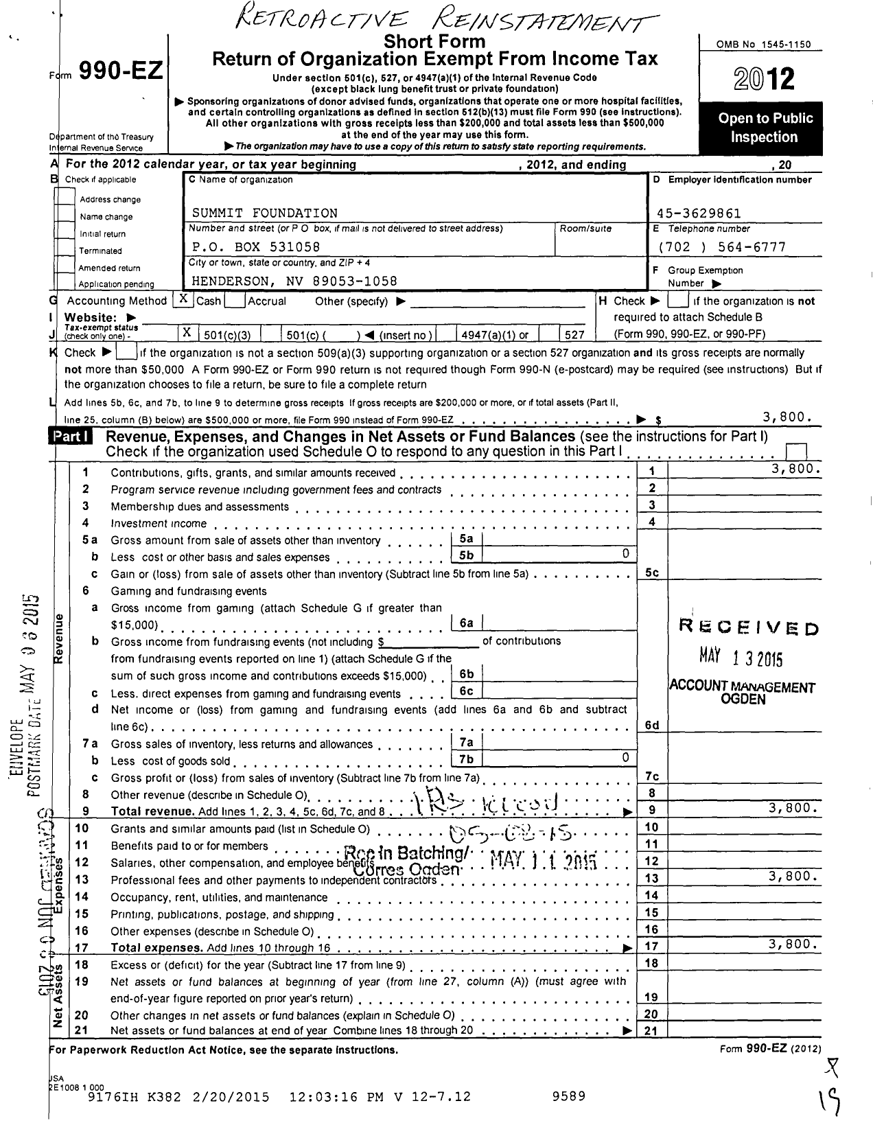 Image of first page of 2012 Form 990EZ for Summit Foundation