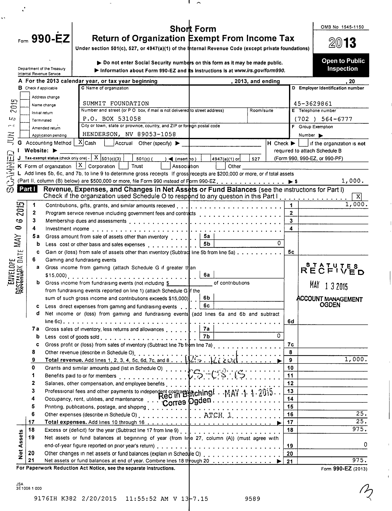 Image of first page of 2013 Form 990EZ for Summit Foundation