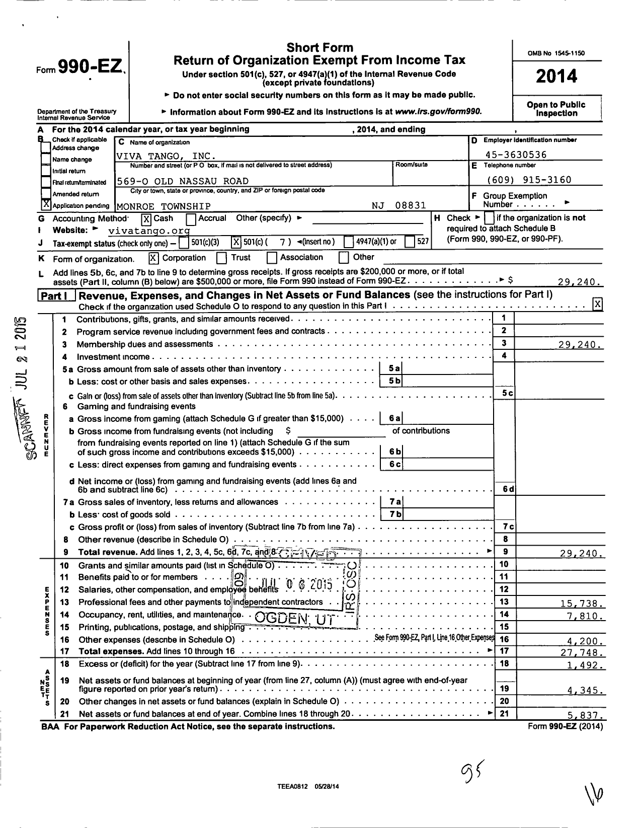 Image of first page of 2014 Form 990EO for Viva Tango