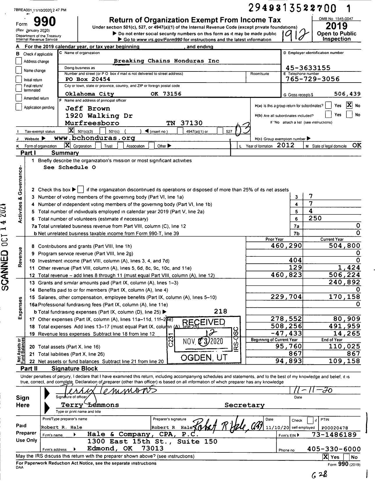 Image of first page of 2019 Form 990 for Breaking Chains Honduras