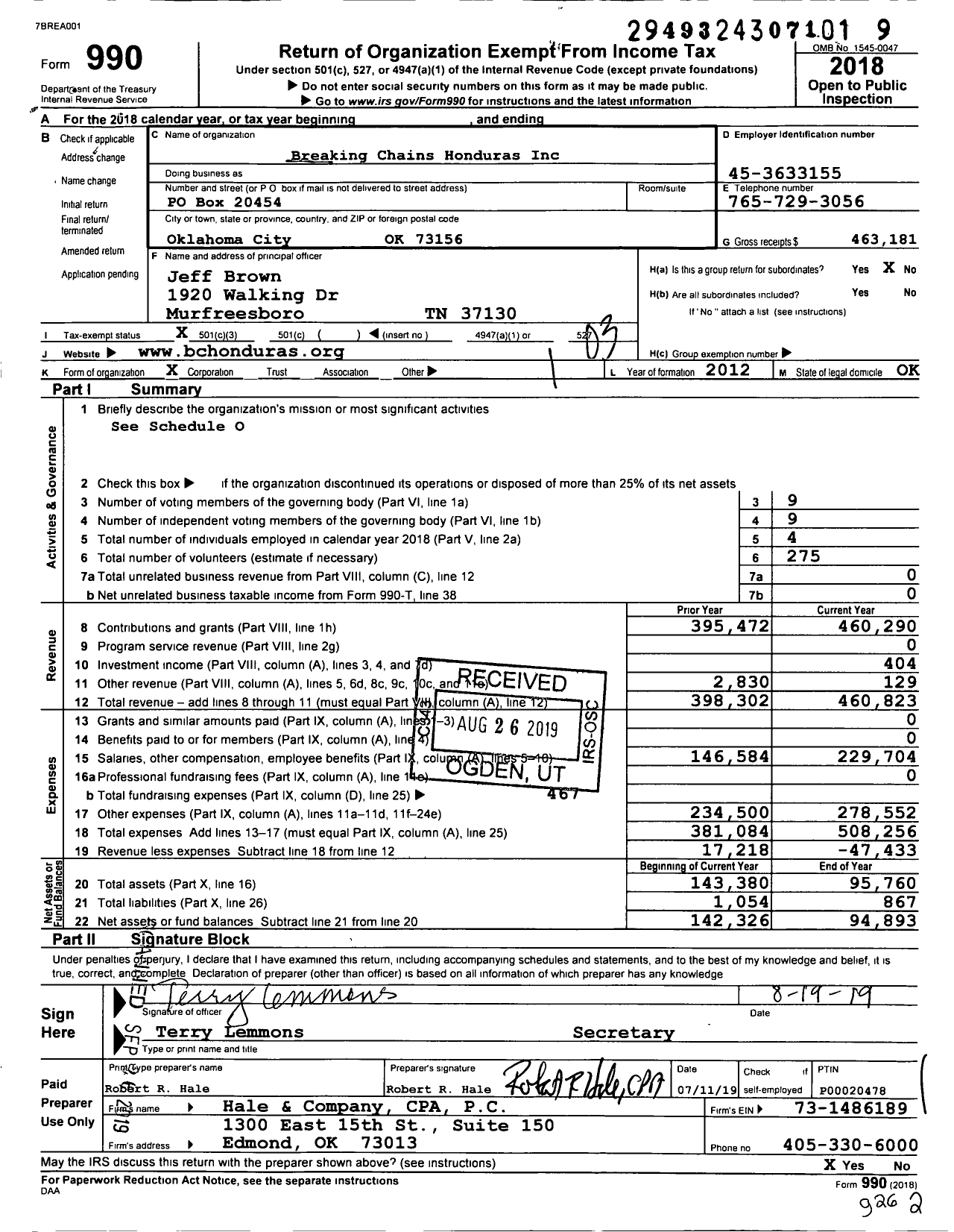 Image of first page of 2018 Form 990 for Breaking Chains Honduras