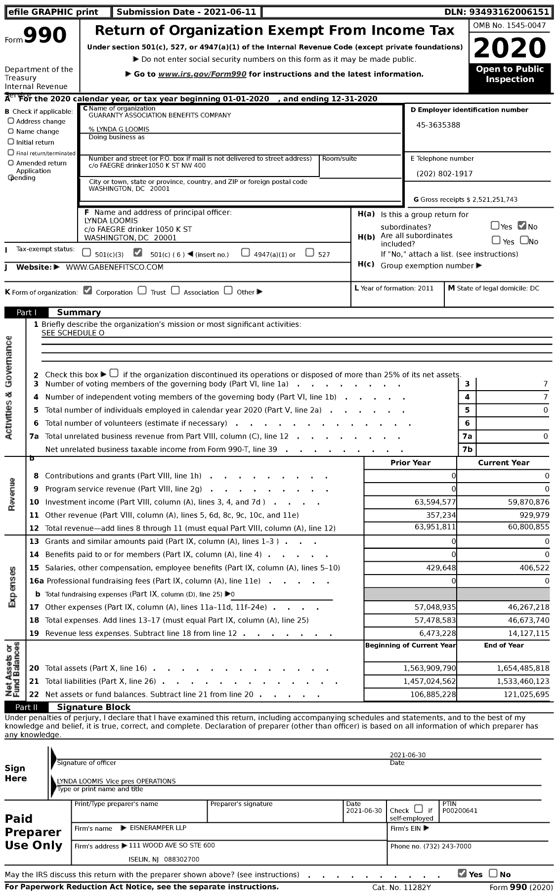 Image of first page of 2020 Form 990 for Guaranty Association Benefits Company (GABC)