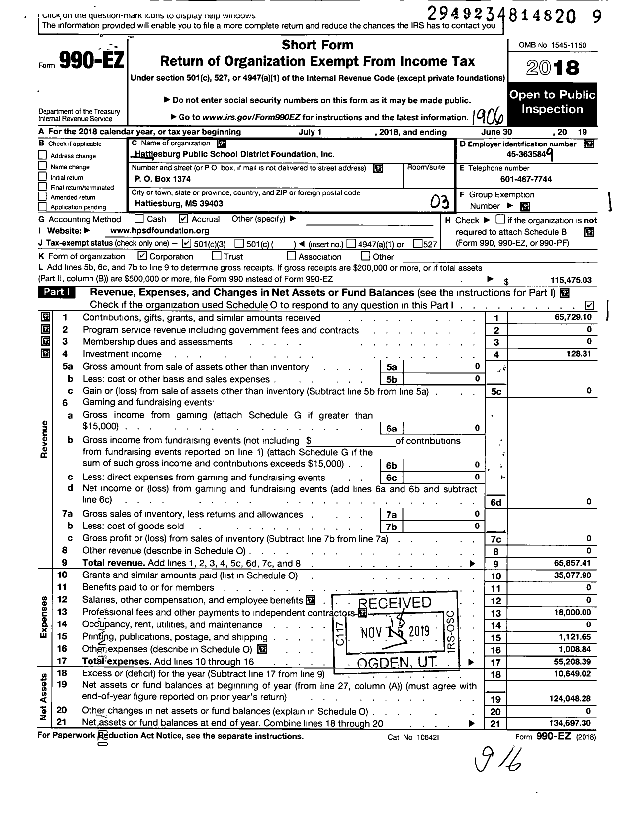 Image of first page of 2018 Form 990EZ for Hattiesburg Public School District Foundation