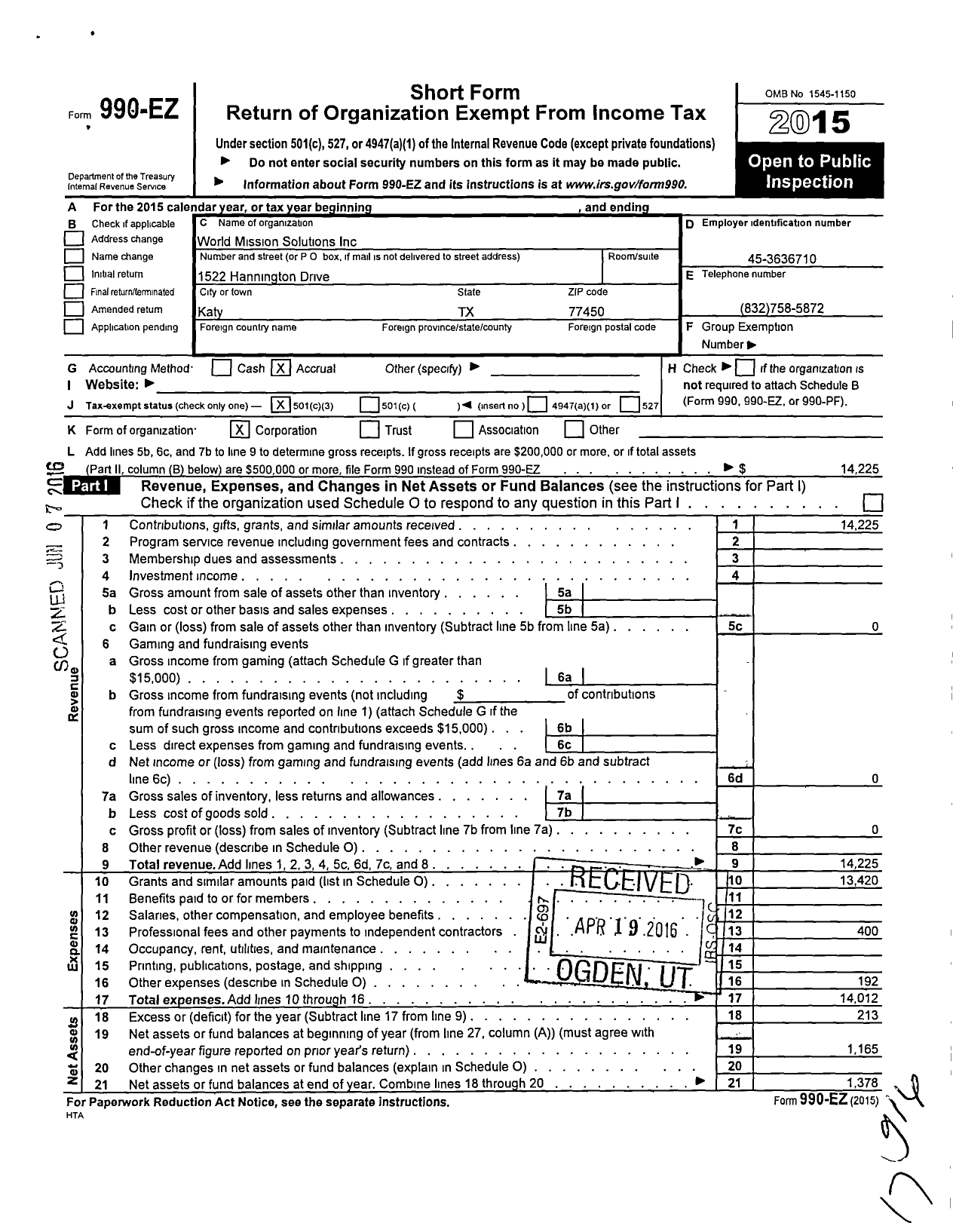 Image of first page of 2015 Form 990EZ for World Mission Solutions