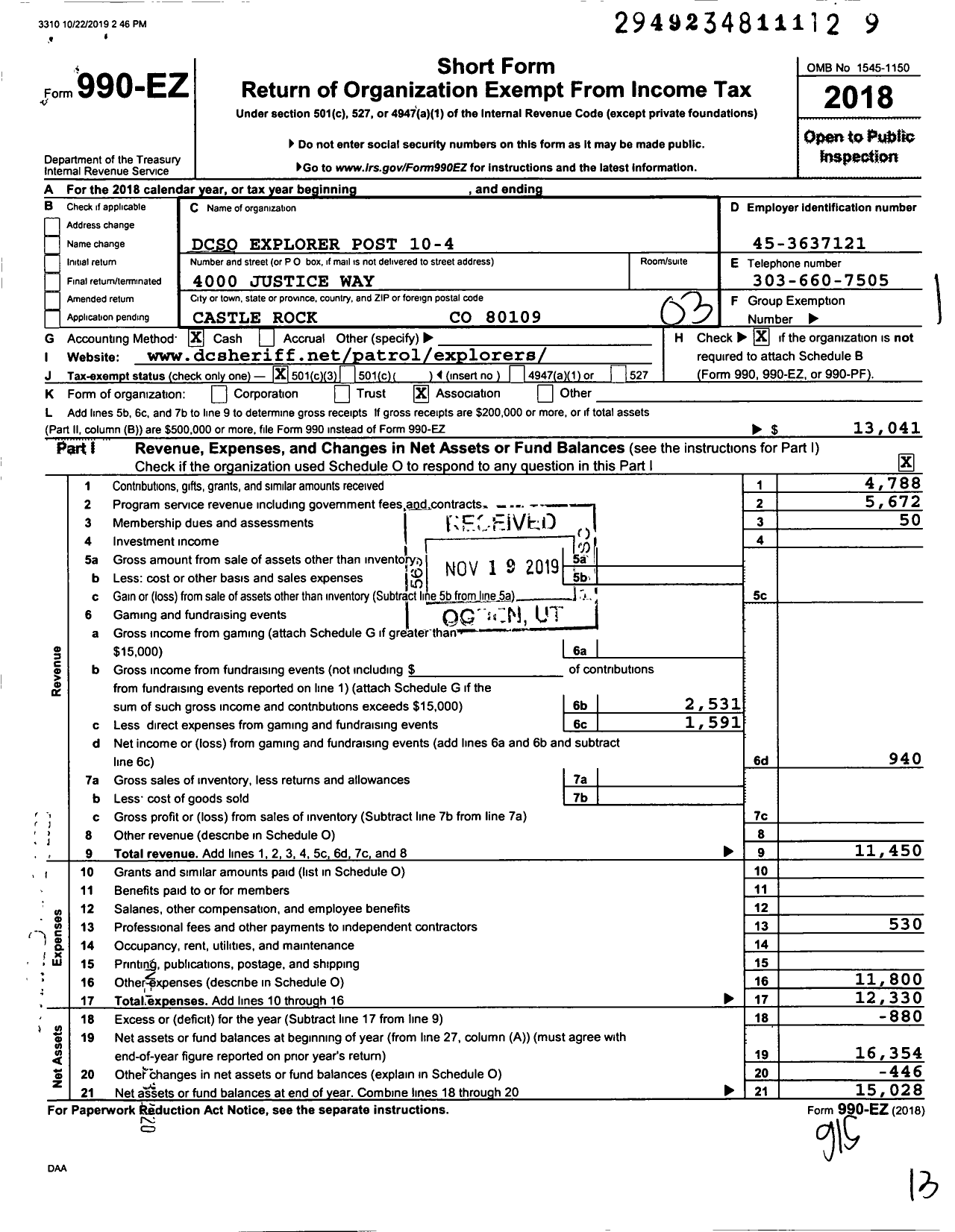 Image of first page of 2018 Form 990EZ for Dcso Explorer Post 10-4