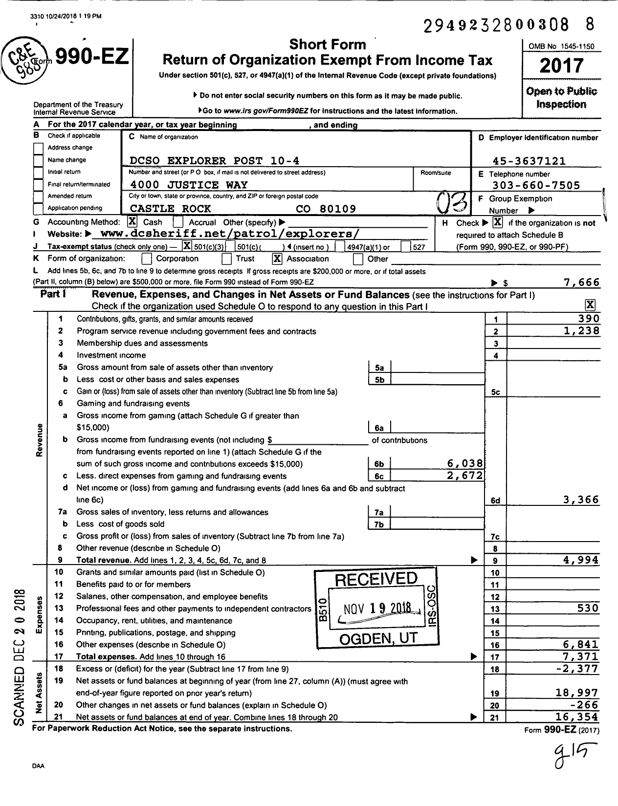 Image of first page of 2017 Form 990EZ for Dcso Explorer Post 10-4