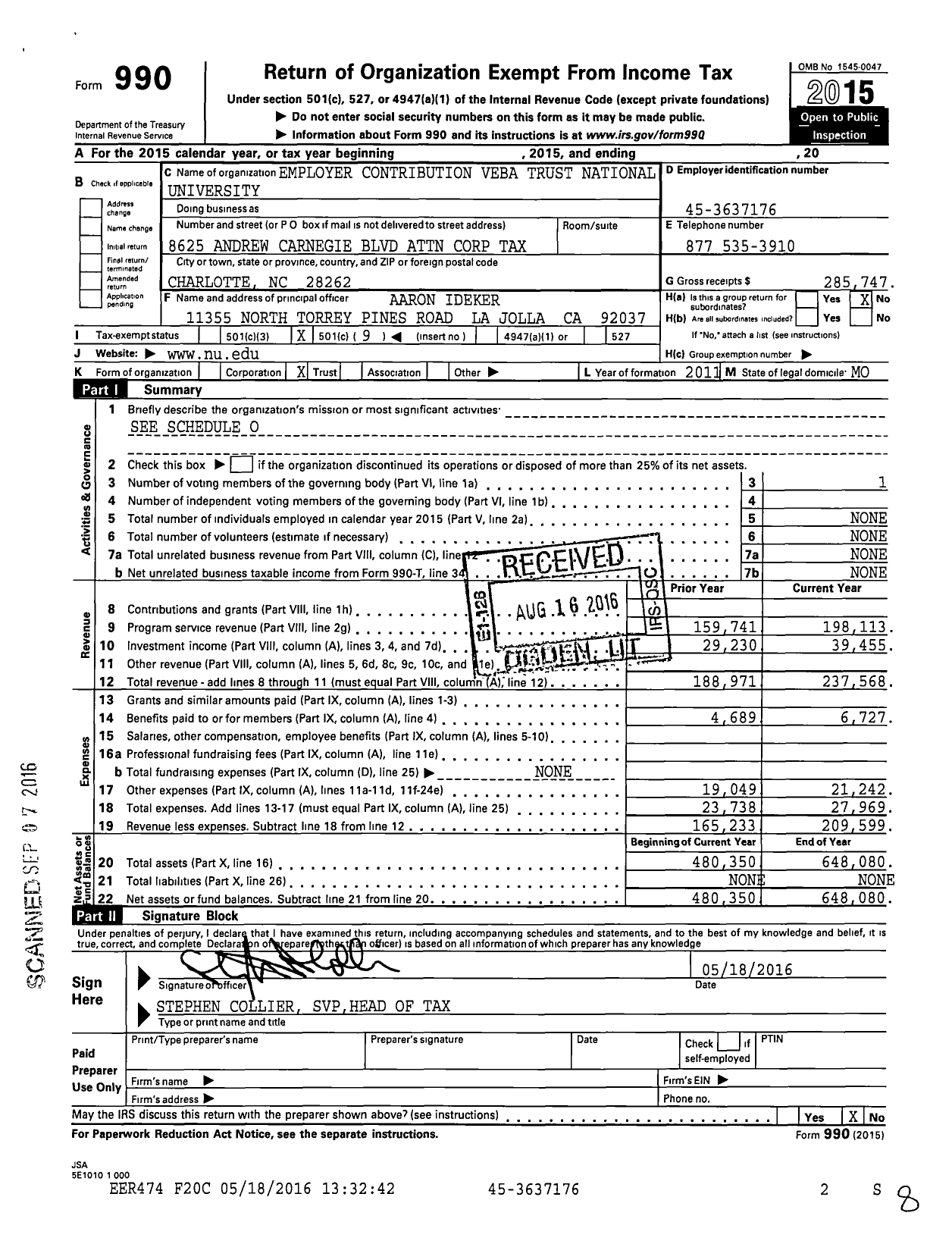 Image of first page of 2015 Form 990O for Employer Contribution Veba Trust for National University