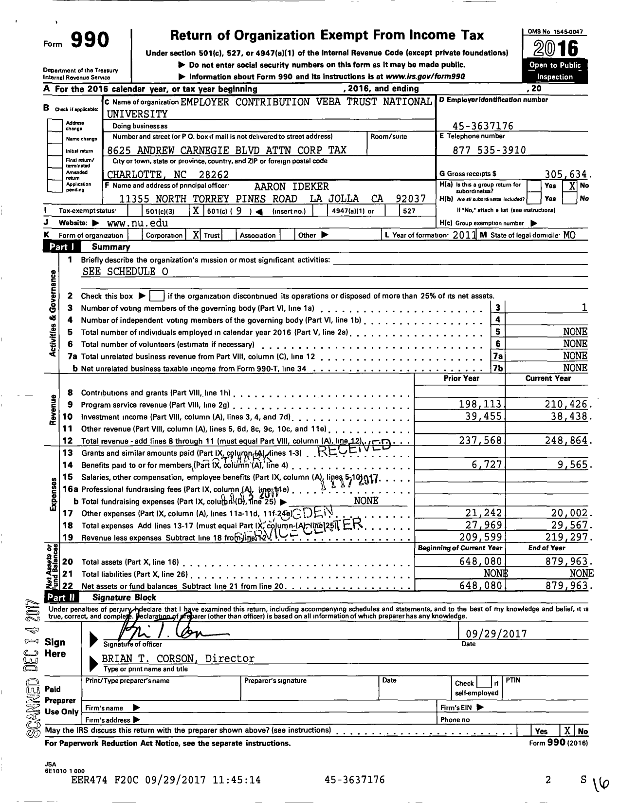 Image of first page of 2016 Form 990O for Employer Contribution Veba Trust for National University