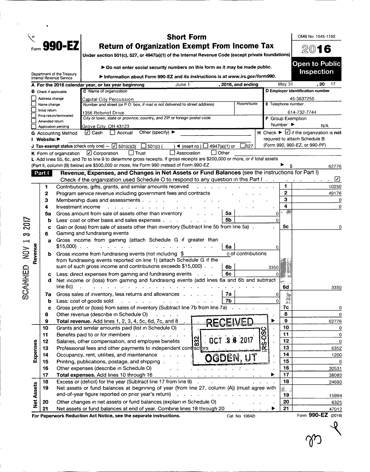 Image of first page of 2016 Form 990EZ for Capital City Percussion