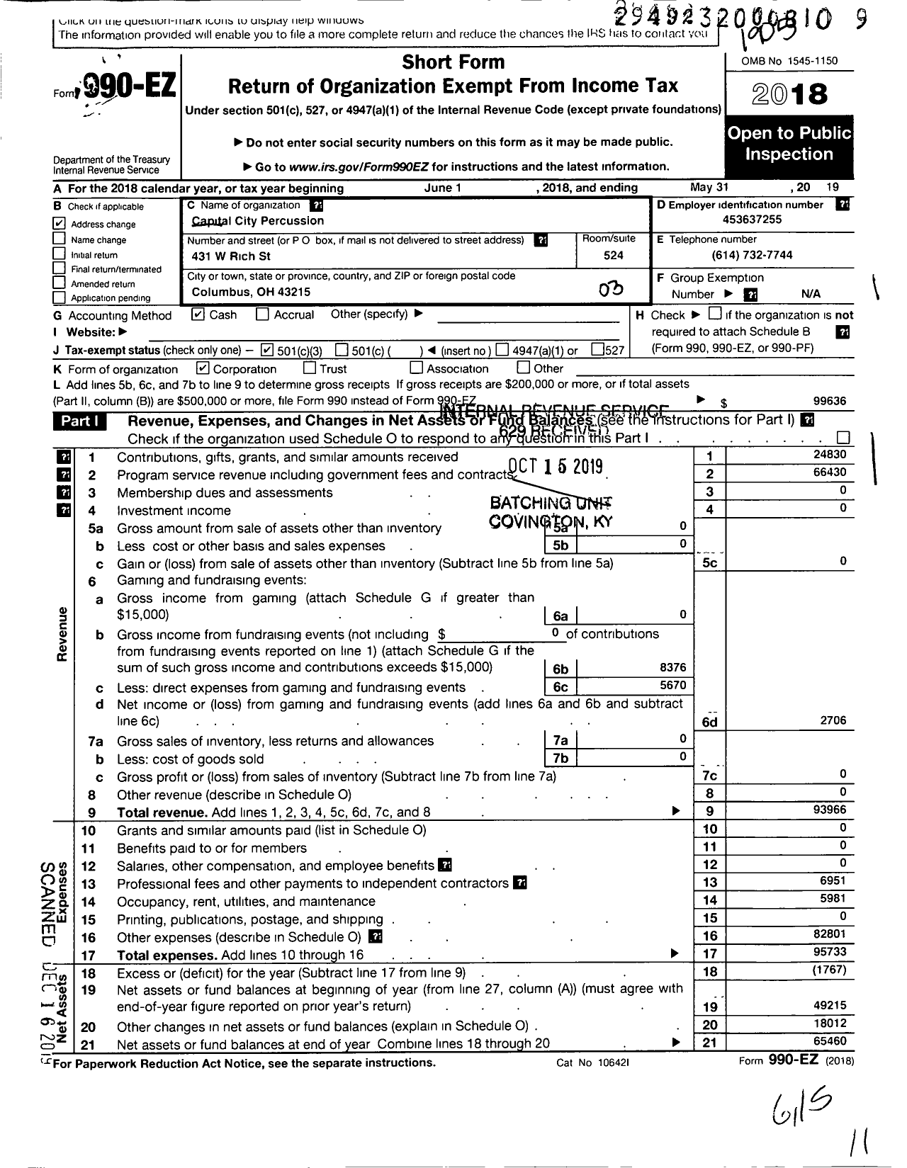 Image of first page of 2018 Form 990EZ for Capital City Percussion