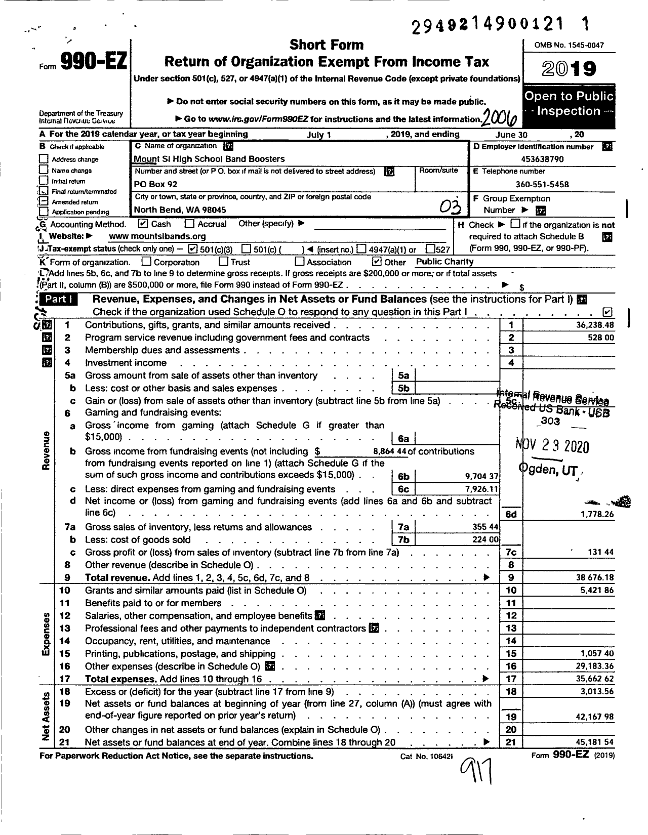 Image of first page of 2019 Form 990EZ for Mount Si High School Band Boosters