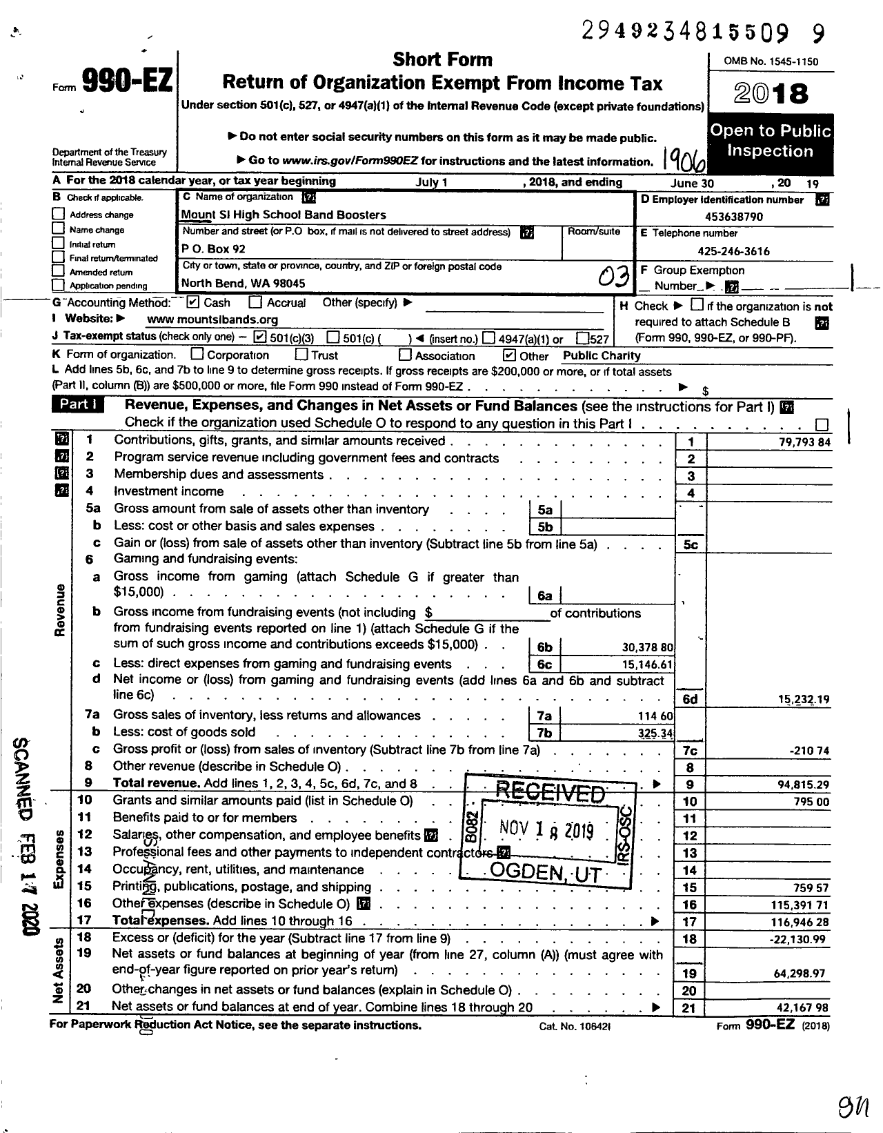 Image of first page of 2018 Form 990EZ for Mount Si High School Band Boosters