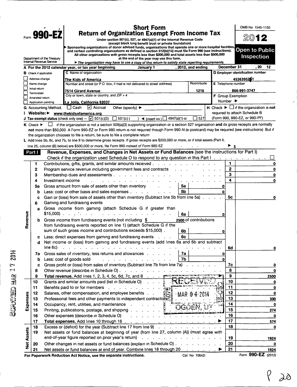 Image of first page of 2012 Form 990EZ for The Kids of America