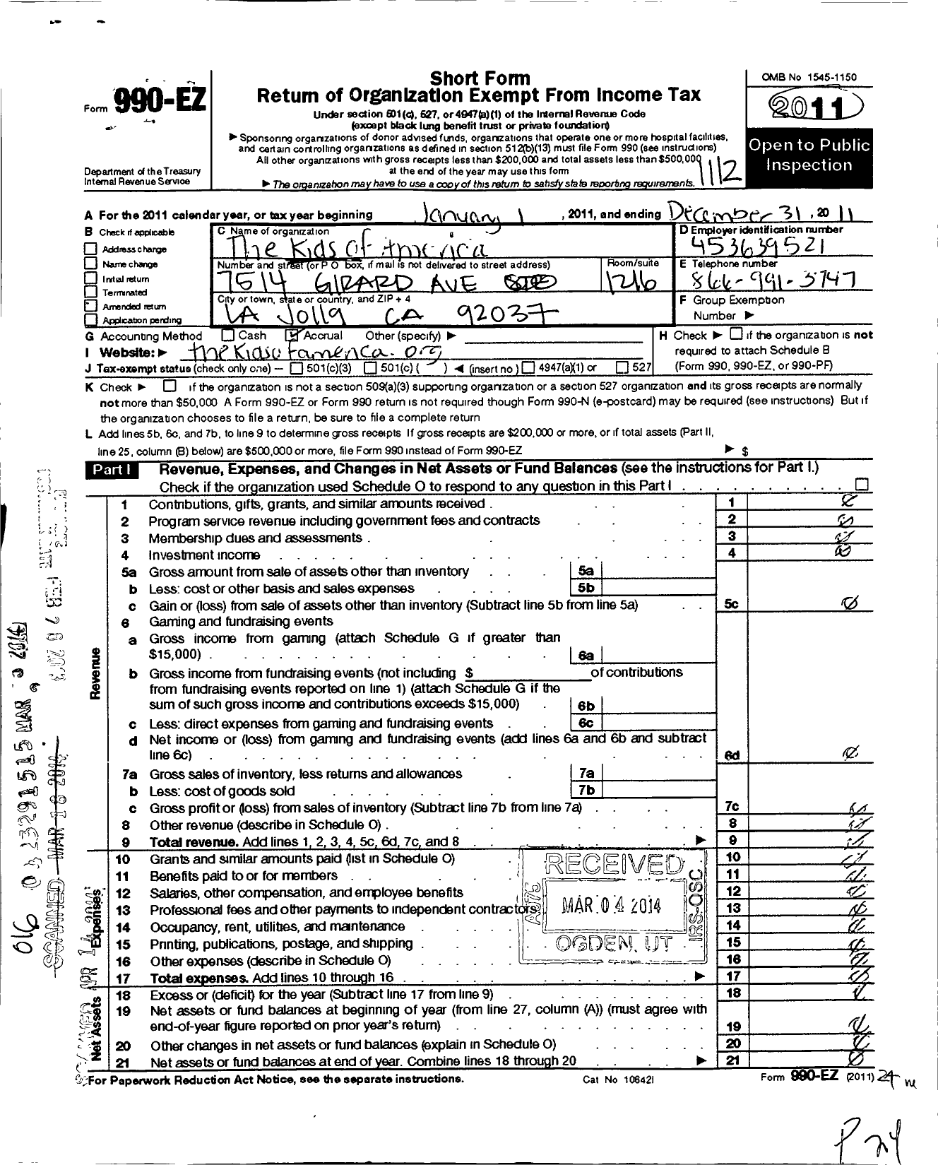 Image of first page of 2011 Form 990EO for The Kids of America