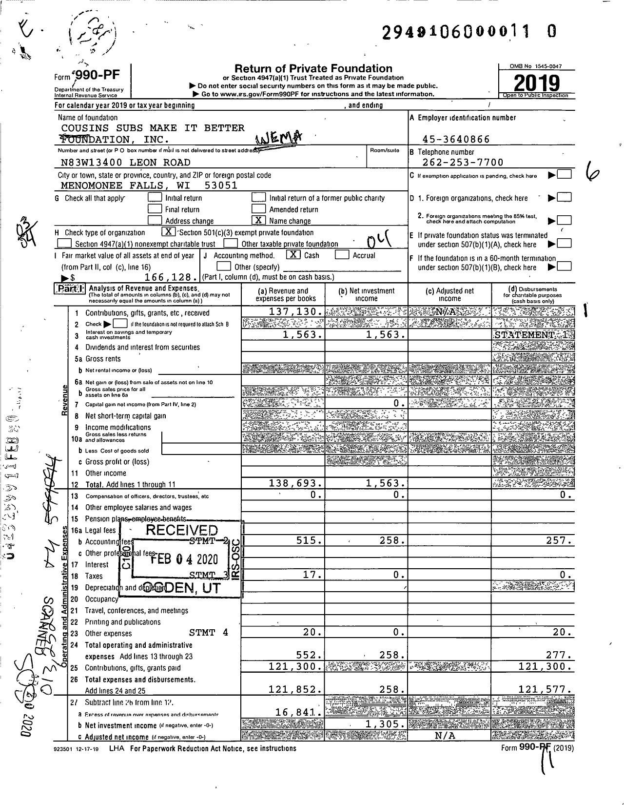 Image of first page of 2019 Form 990PR for Cousins Subs Make It Better Foundation