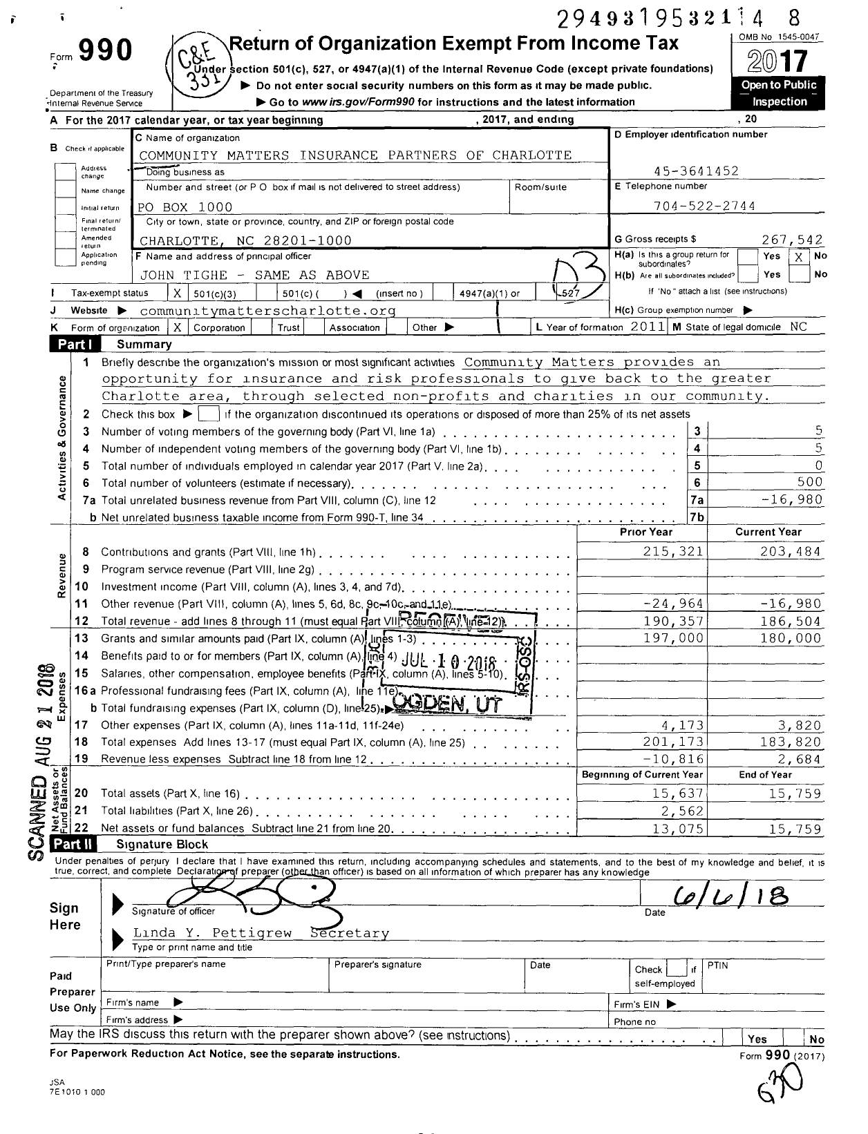 Image of first page of 2017 Form 990 for Community Matters Insurance Partners of Charlotte