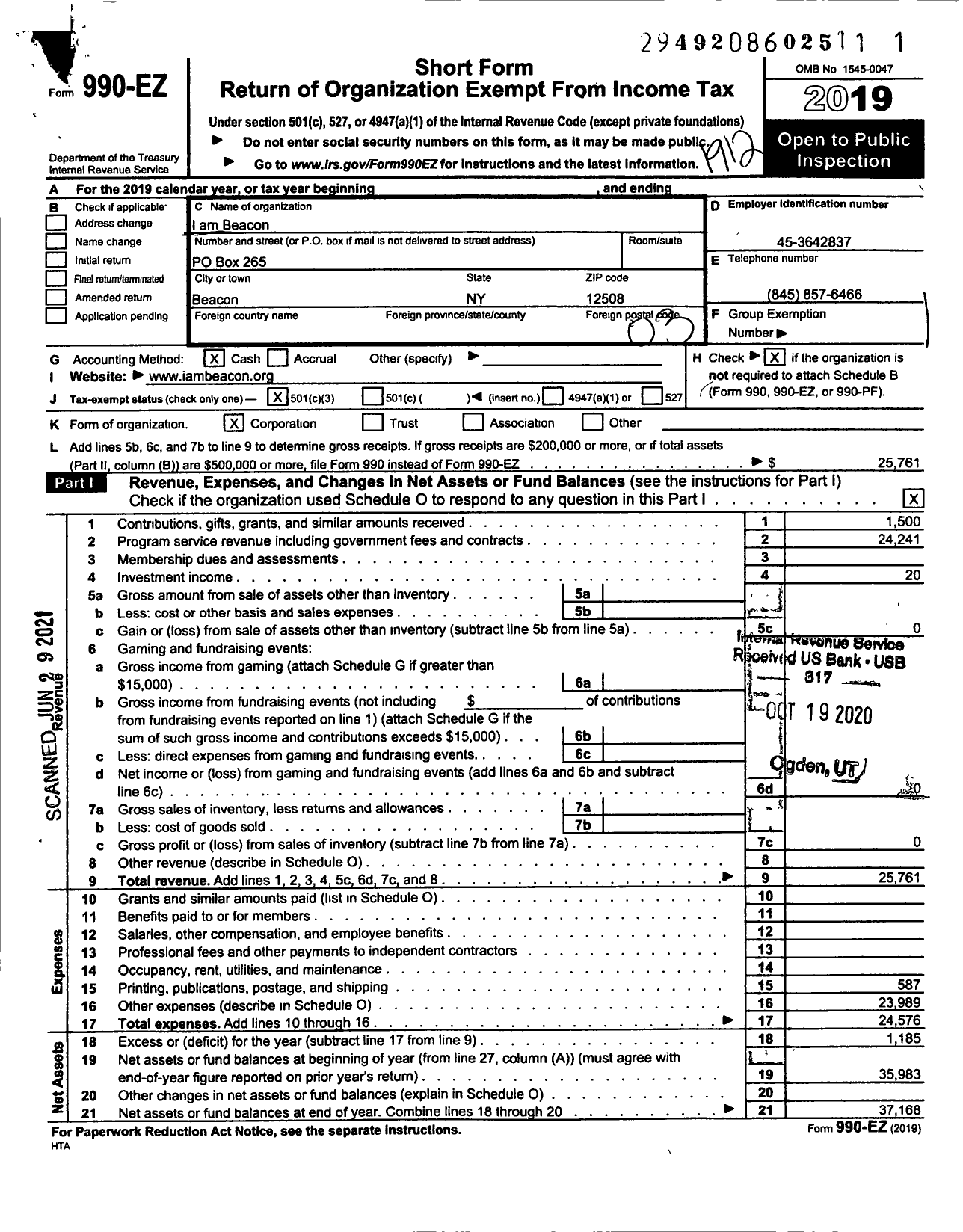 Image of first page of 2019 Form 990EZ for I am Beacon