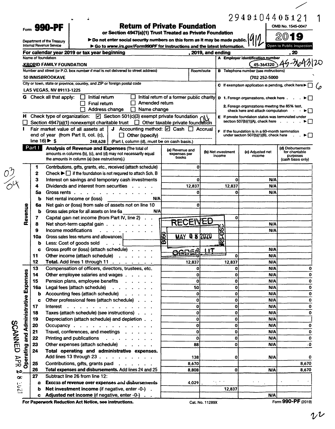 Image of first page of 2019 Form 990PF for Kropid Family Foundation