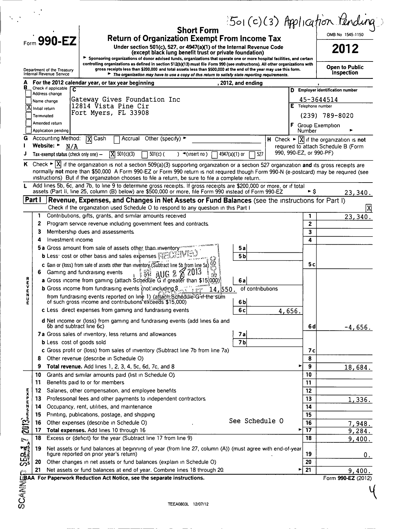 Image of first page of 2012 Form 990EZ for Gateway Gives Foundation