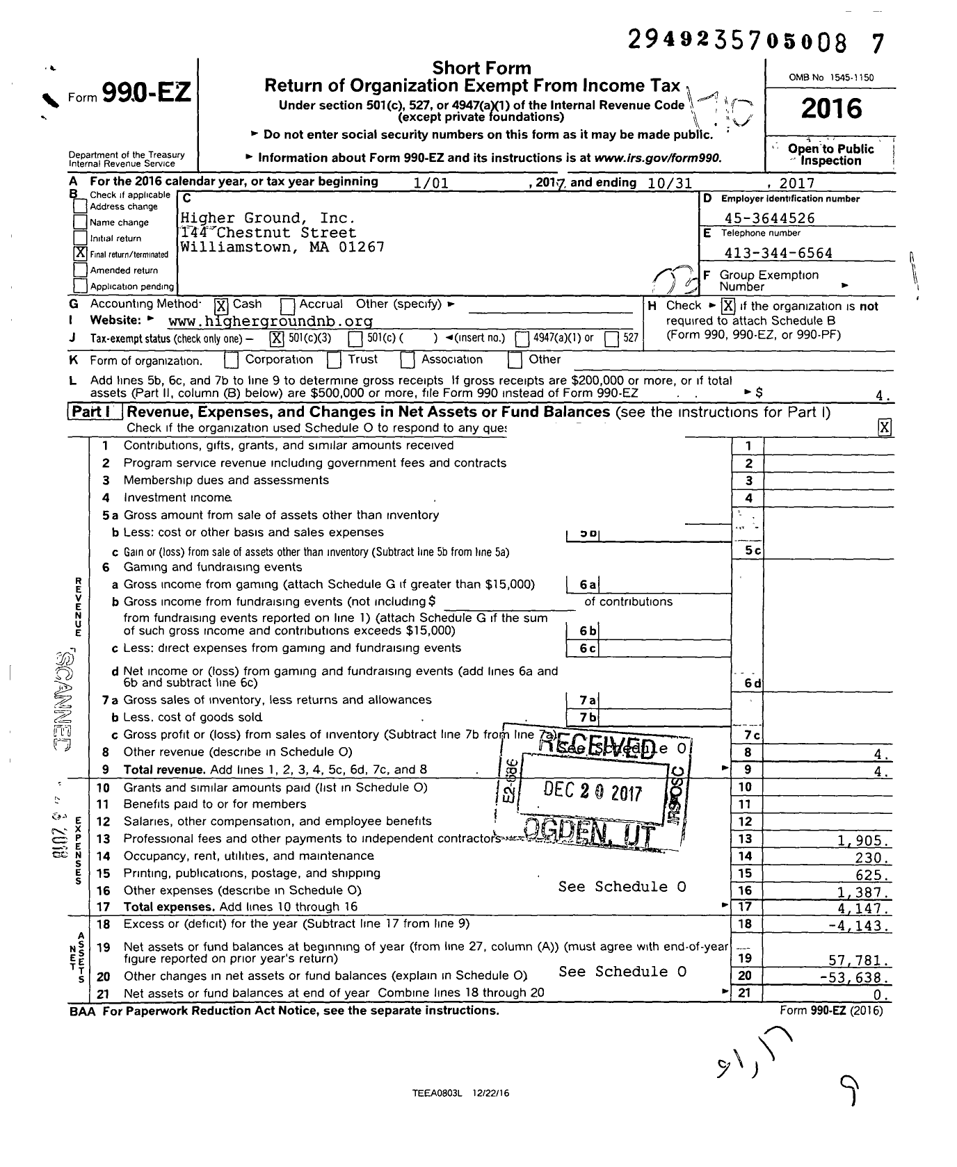 Image of first page of 2016 Form 990EZ for Higher Ground