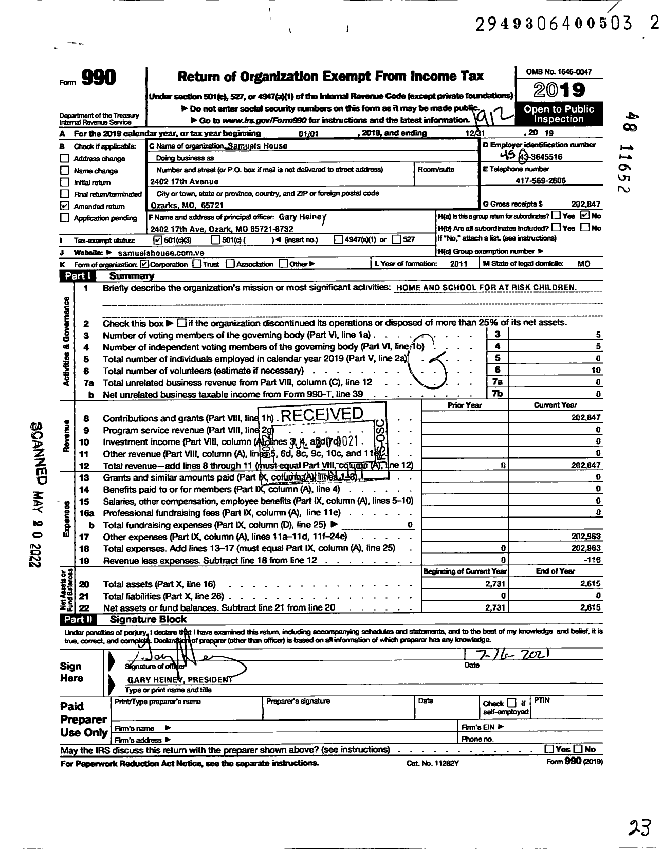 Image of first page of 2019 Form 990 for Samuels House